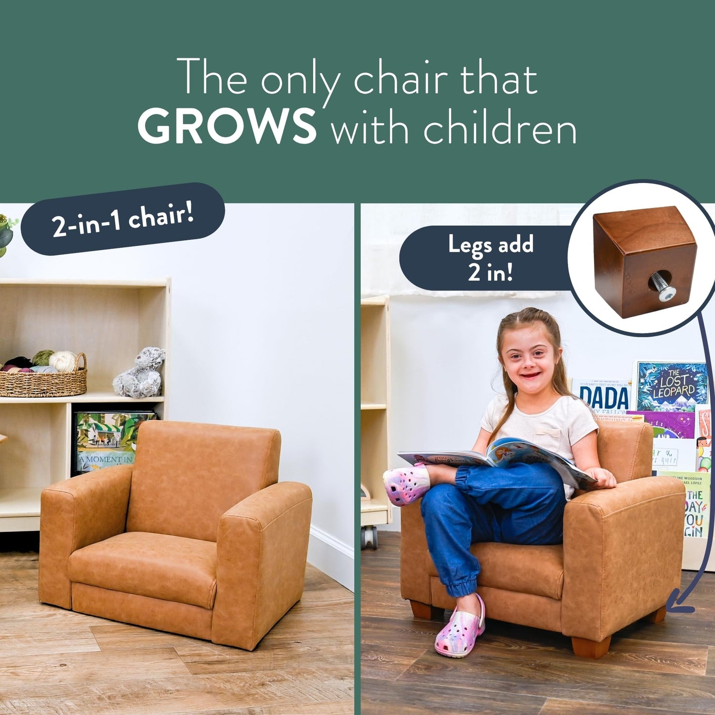 Children's Factory As We Grow Modern Kids Sofa - Flexible Classroom Seating for Elementary Education, Adjustable Educational Furniture for Daycare and Preschool, Faux Distressed Leather Brown