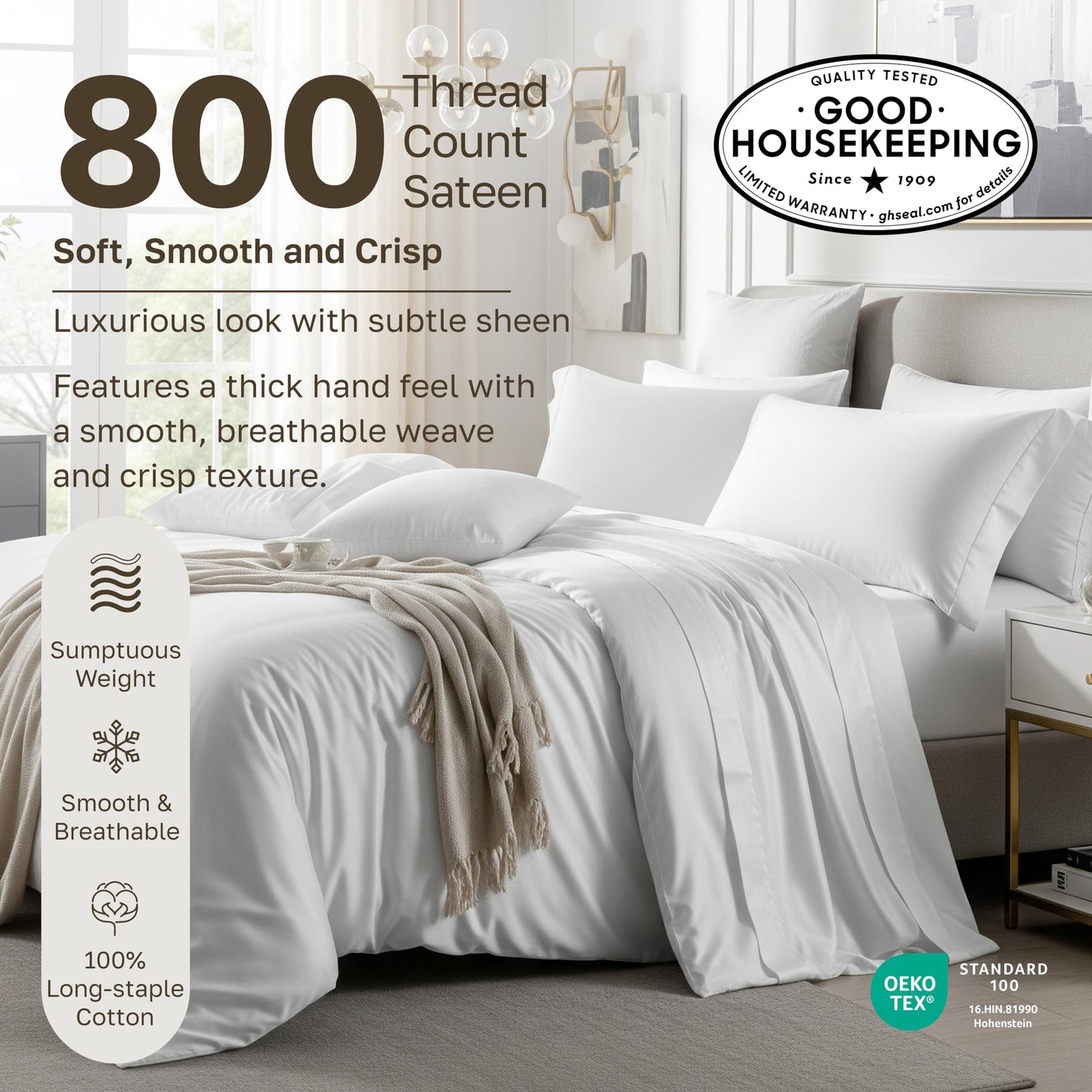 California Design Den 100% Cotton Queen Sheet Set - Luxury 800 Thread Count, Sateen Queen Sheets Cotton, Deep Pockets for a Snug Fit, Durable Bedding - Eggshell Cream