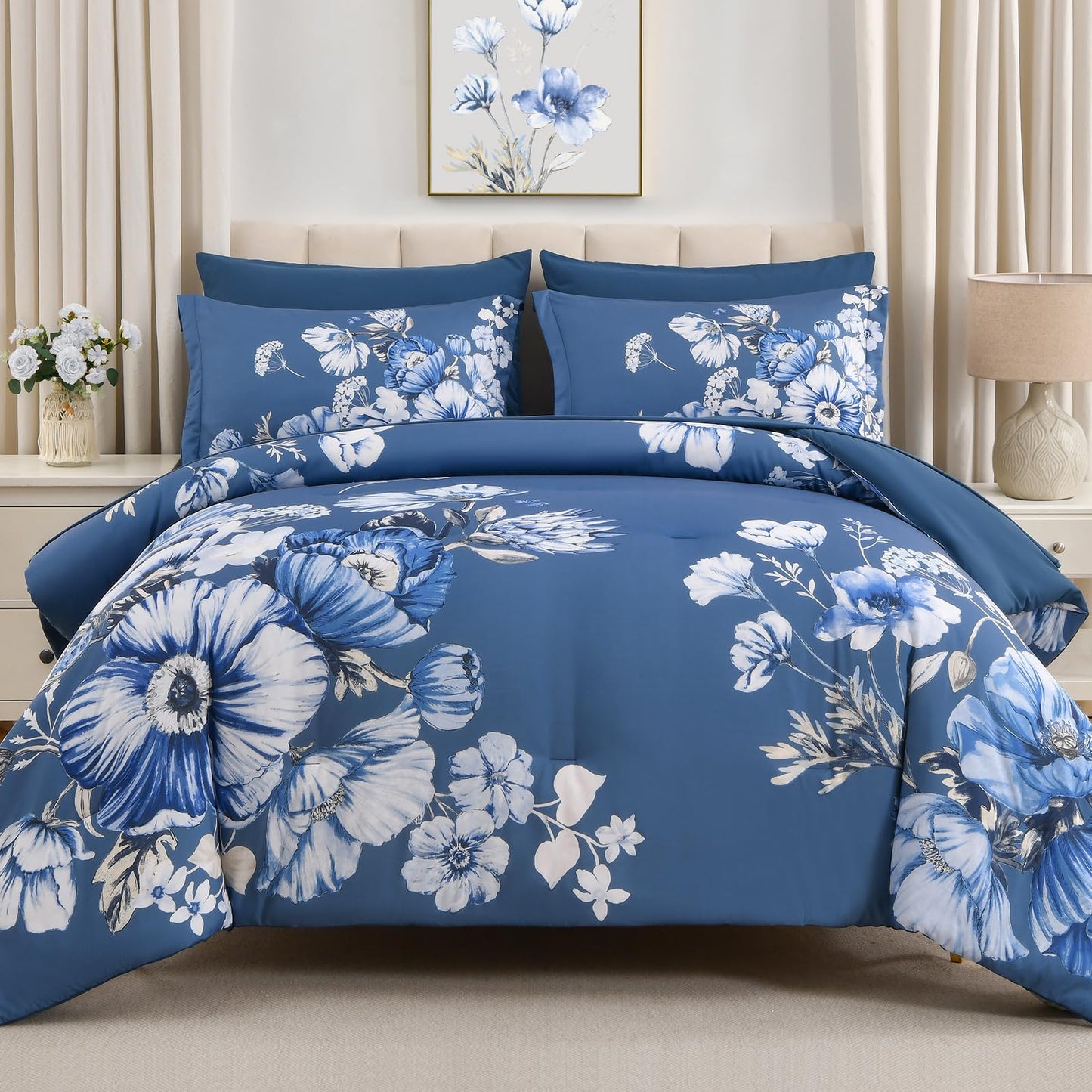 LLDSYW Queen Comforter Set - 7 Pieces Bed in a Bag Blue Floral Queen Comforter Set with Sheets, Soft Microfiber Flower Complete Bedding Set for All Seasons（Blue,90"x90"）