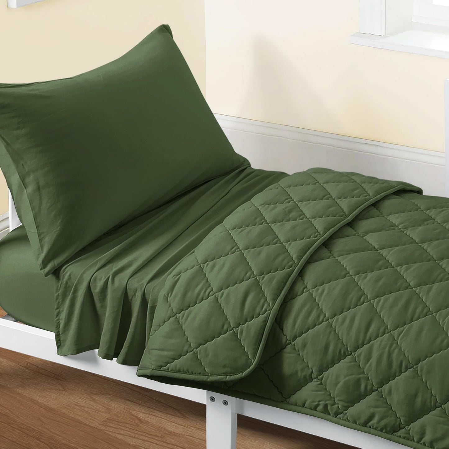 FLXXIE Toddler Bedding Set - 4 Piece Microfiber Crib Sheet Set, Crib Bedding Set Includes Quilted Comforter, Flat Top Sheet, Fitted Sheet, Envelope Pillow Case for Boys and Girls, Olive