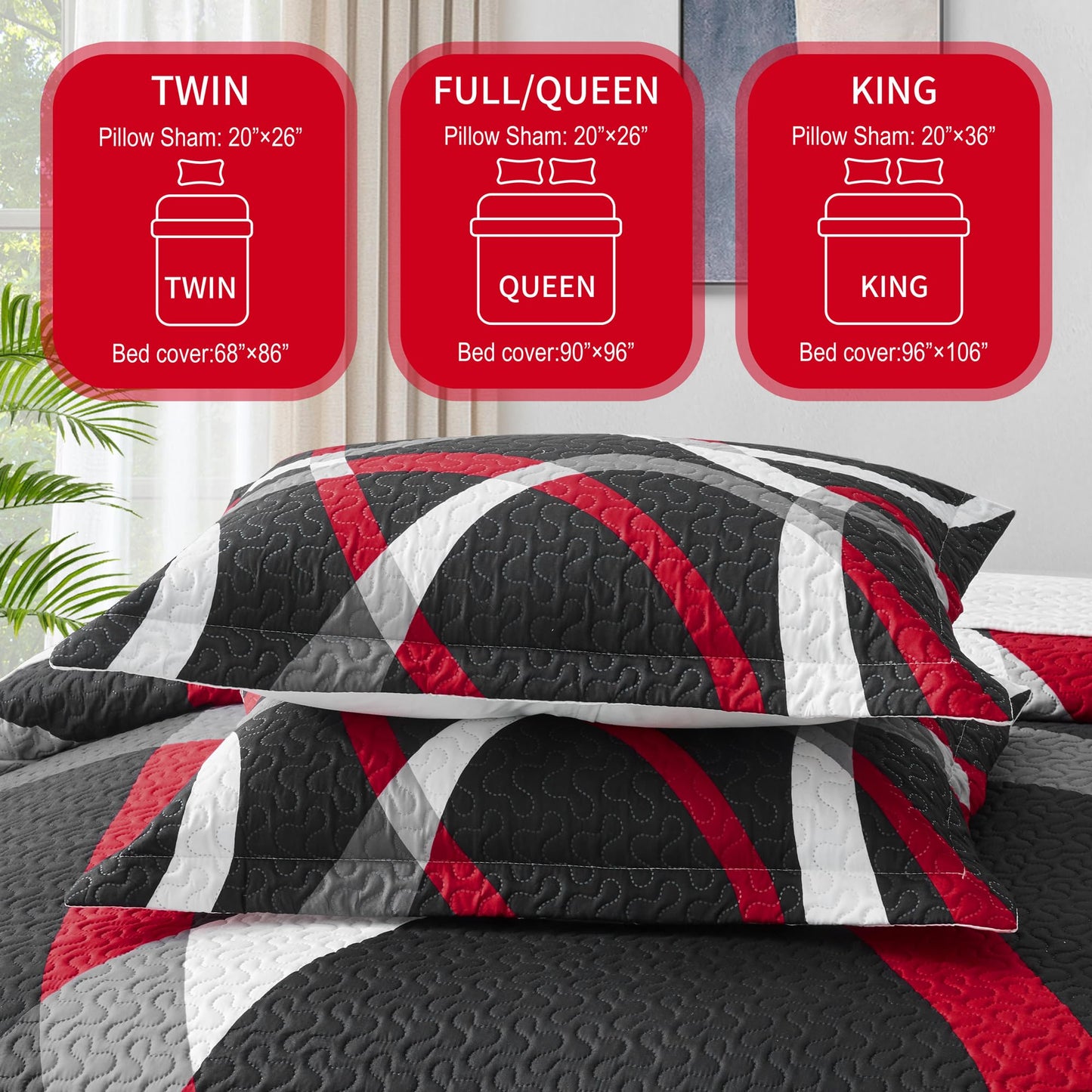 weesire Black and Red Bedding Quilt King Size with 2 Shams, Modern Stripe Comforter Sets Classic Line Pattern Bedspreads Grey and Red Coverlet, 96''x106''