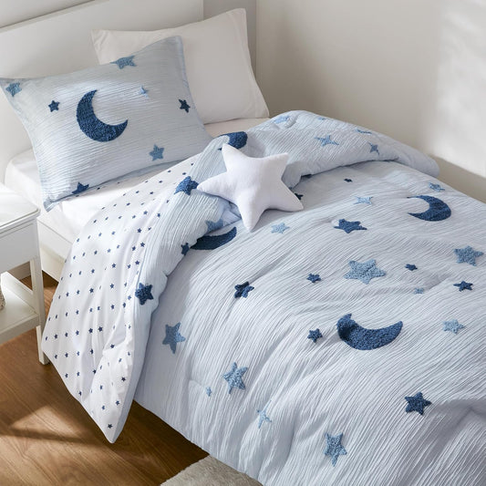 Intelligent Design Kids Cosmos Twin Size Comforter Set – Blue Star and Moon Tufted Chenille, Reversible 3-Piece Bedding with Star Pillow
