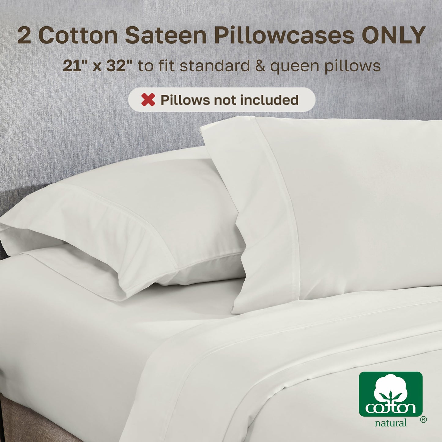 California Design Den Standard Queen Size Pillowcase Set - 400 Thread Count, 100% Cotton Sateen, Set of 2 Pillow Covers, Soft and Breathable - Ivory (Pale Tone)