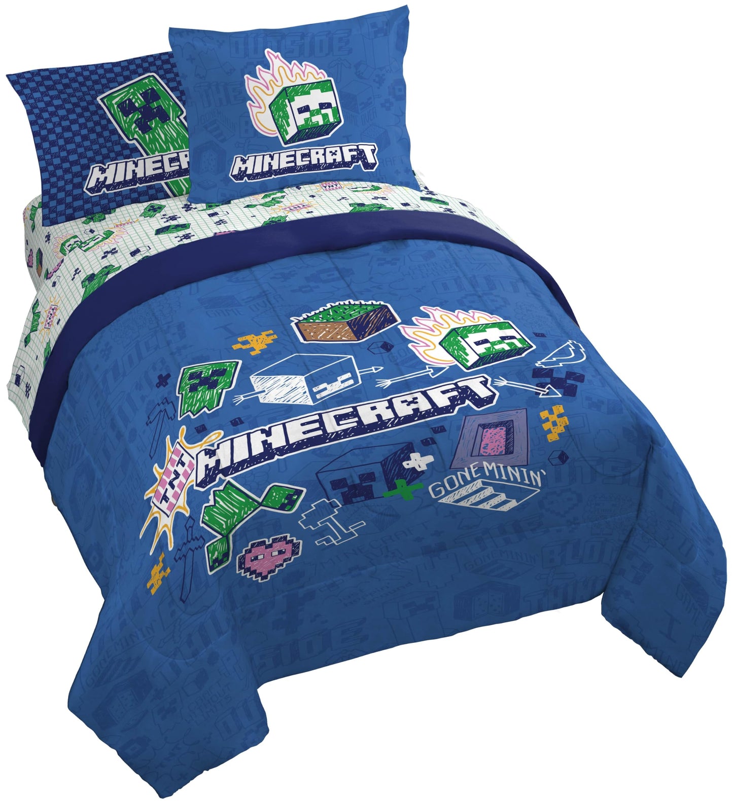 Jay Franco Kids Comforter Set Includes Sheets and Pillow Covers - Soft and Cozy Bed Set for Stylish Room Decor, Blue - Minecraft 02, 7 Piece Queen Bedding