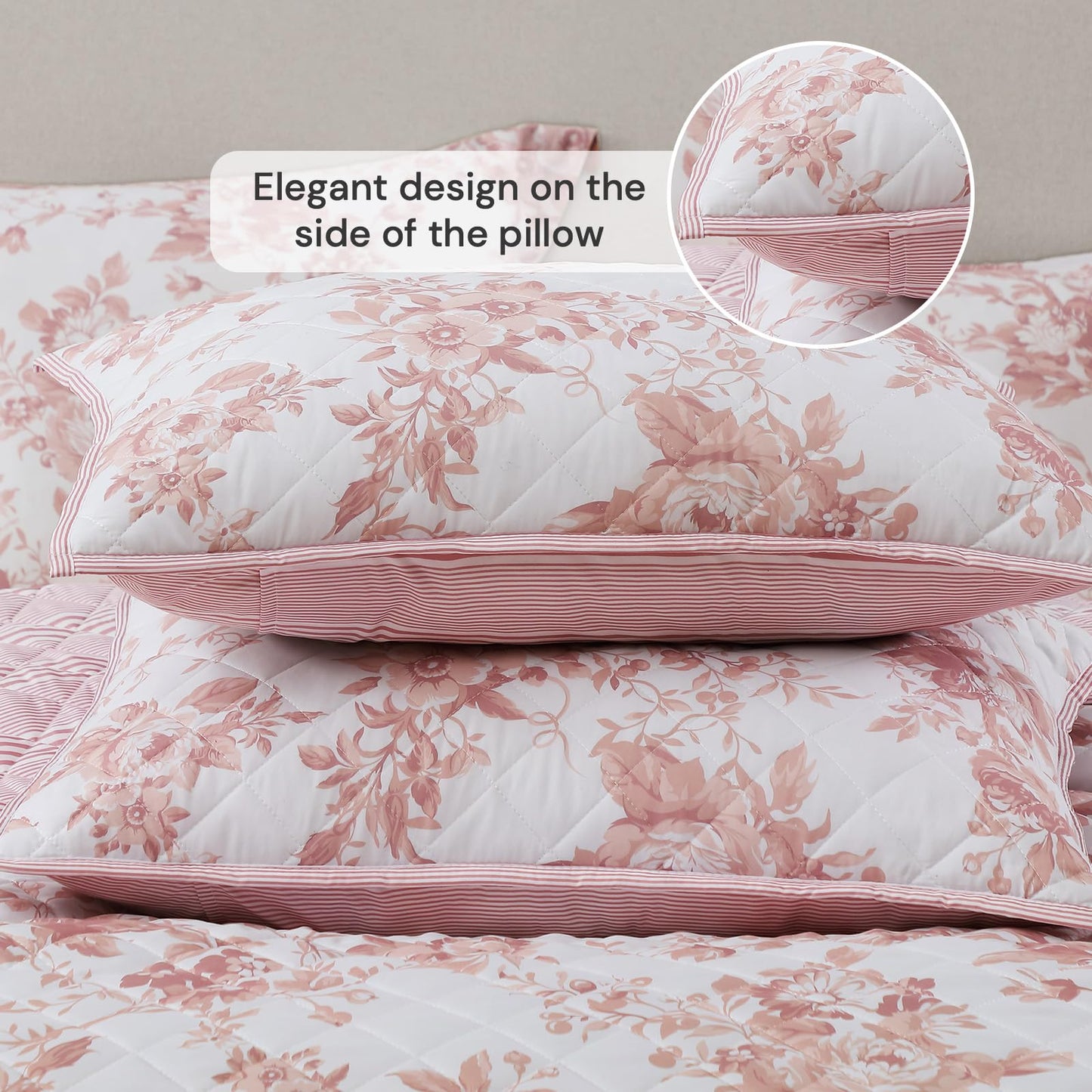 BLOOMHAVEN Quilt Set Queen Size, Dusty Rose Floral Quilt Sets, Reversible Bedspread Lightweight and Breathable for All Seasons, Soft Quilted Bedspread with 2 Pillow Shams