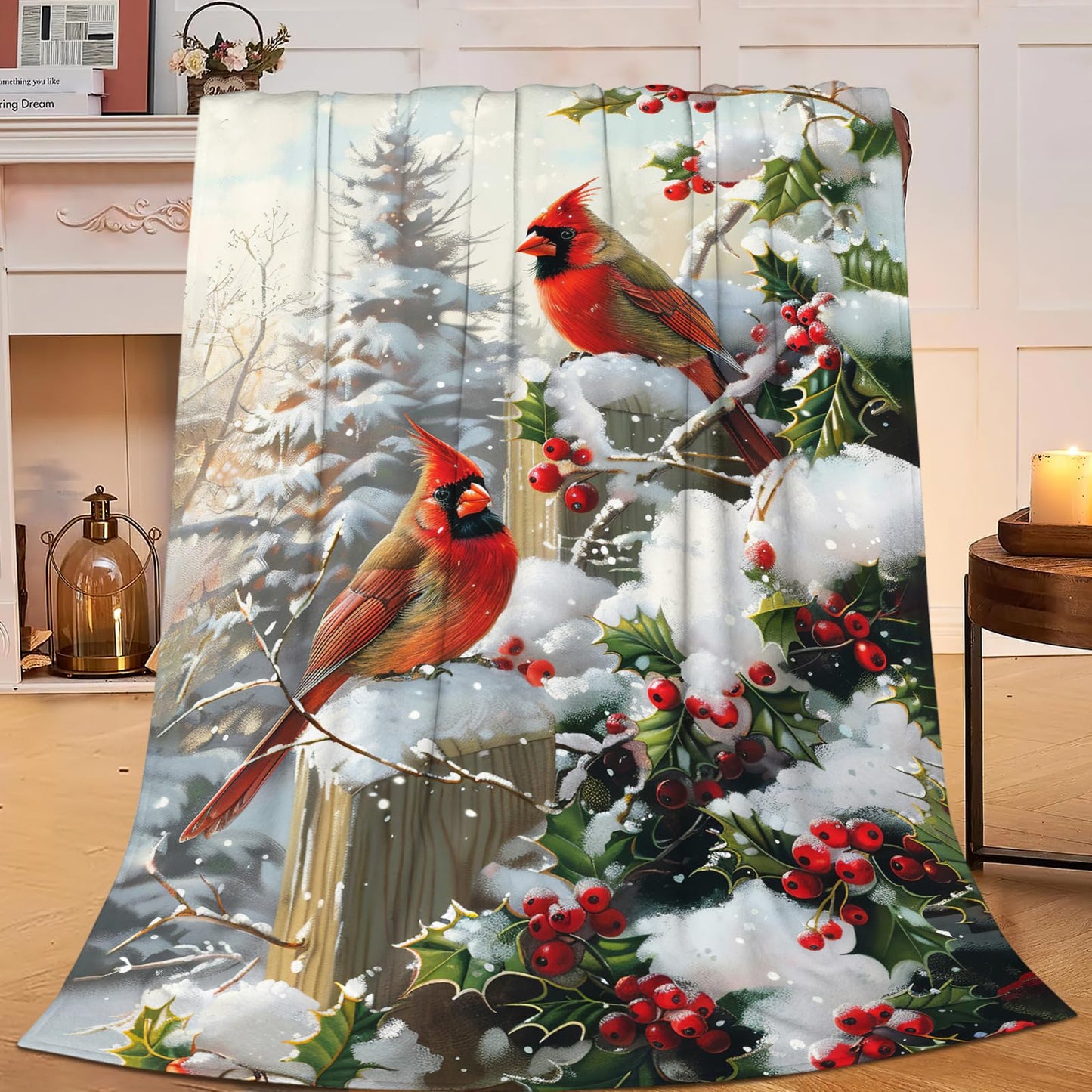 Dynova Christmas Bird Blanket Cozy Plush Red Birds Lovers Throw Blankets Fuzzy Flannel Fleece Winter Gifts for Girls Boys Women Men 50"X40"