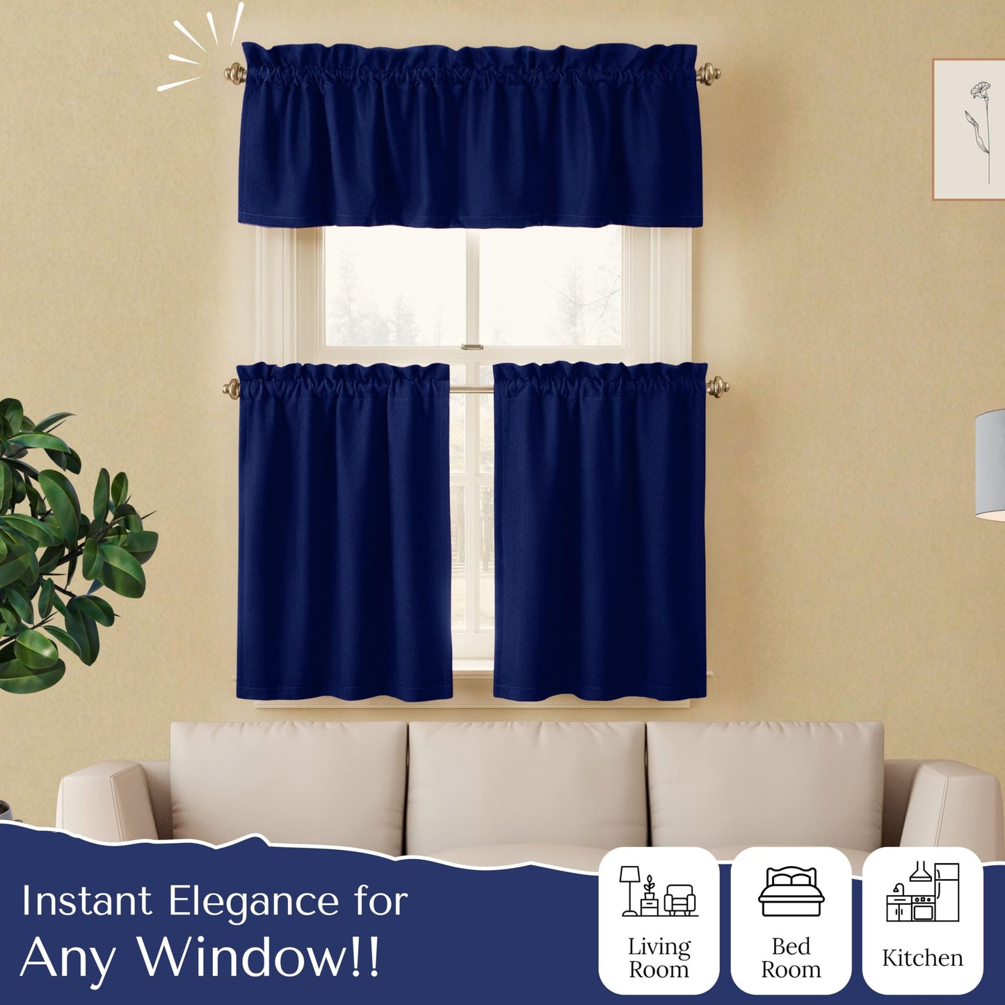 Native Fab 3 Piece Window Curtain Tiers 26"x36" and Valance 54"x18" Set - Rod Pocket - Semi Sheer - Short Curtain for Kitchen, Cafe, Living Room - Ink Blue