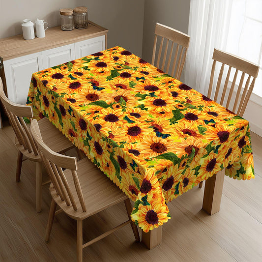 DRAVVIX Yellow Watercolor Sunflowers Rectangular Tablecloth Butterfly Flying Among Flowers Art Painting Table Cloth with Wavy Lace Decoration Polyester Table Cover for Dining, Parties 54x72 inch