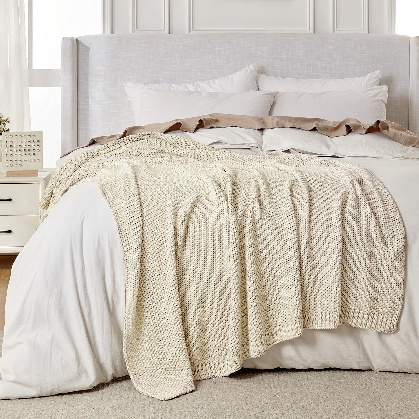 Joydeco Chunky Cable Knit Throw Blanket, Lightweight 100% Cotton Soft Cozy Throw Twin Blanket for Couch Bed and Sofa, Rustic Breathable Farmhouse Blanket Gift for Women Men(Cream White, 51"x63")