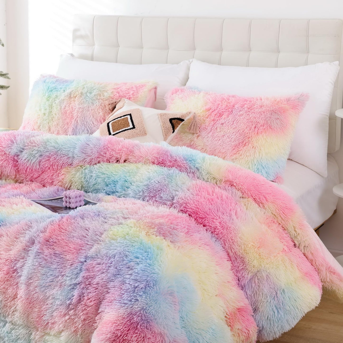 Smoofy Fluffy Queen Comforter Set, Faux Fur Rainbow Comforter Set Queen Size, Luxury Fuzzy Bedding Set, Soft Shaggy Bed Set for All Season, 3 Pieces - 1 Comforter & 2 Pillowcases