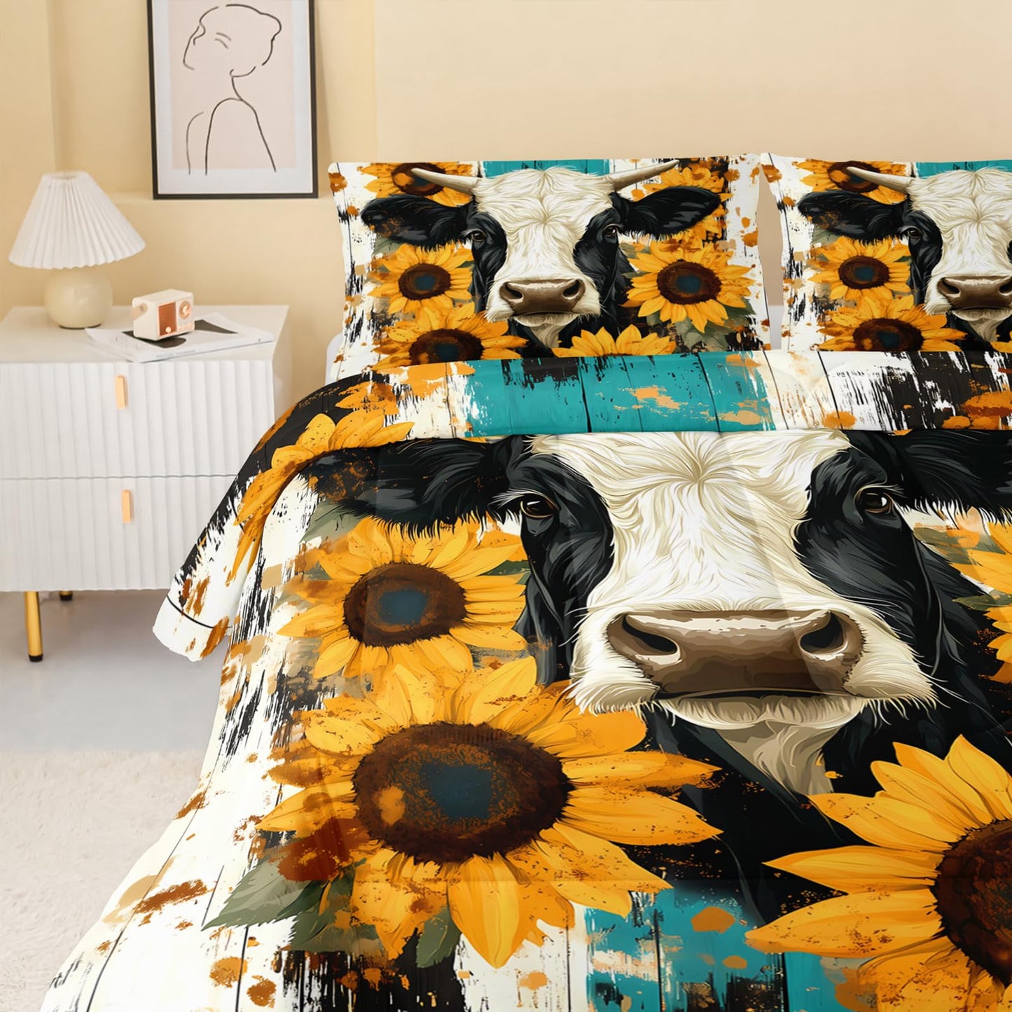 QOOMO Cow Kids Full Comforter Set 3Pcs Farm Animal Bedding Set for Girls Boys Sunflowers Printed Comforter with 2 Pillowcases Lightweight Microfiber for All Seasons