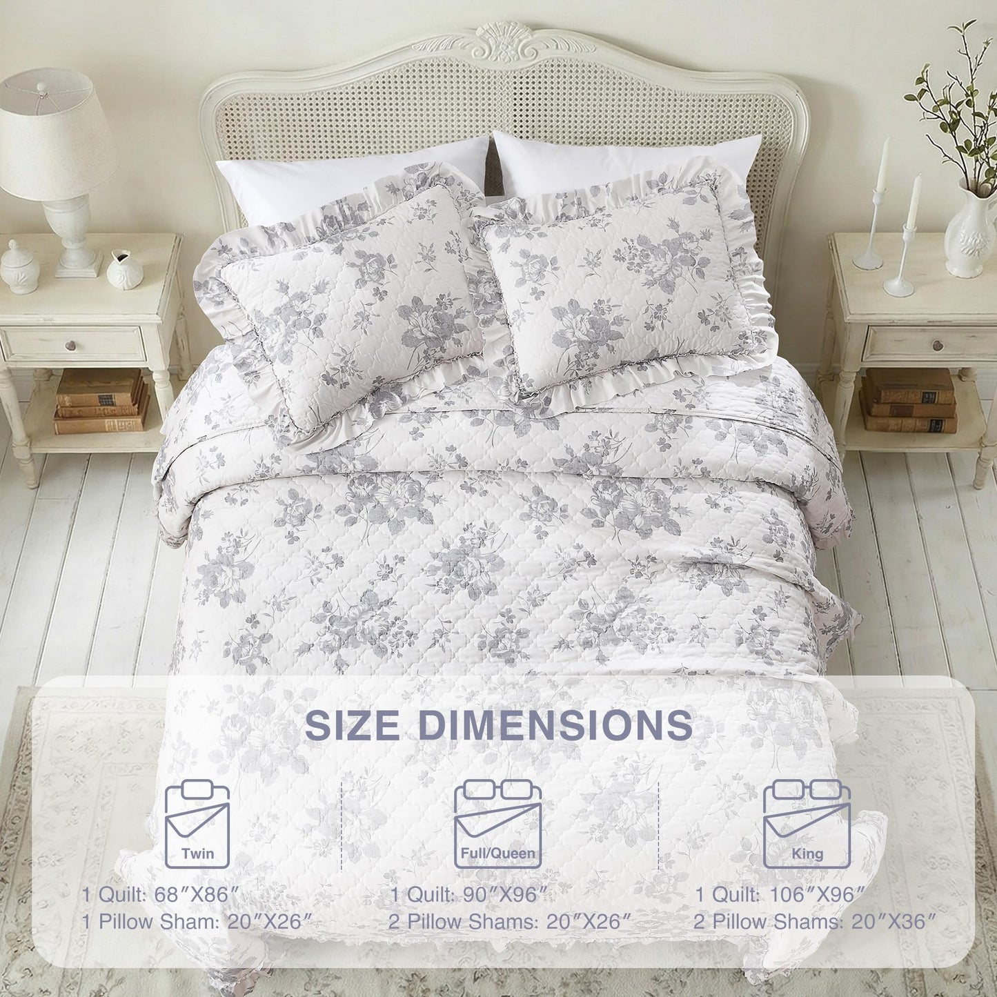 HORIMOTE HOME Greyish Blue Ruffled Quilt King Size with 2 Pillow Shams, Shabby Chic Reversible Floral Bedspread Coverlet, Soft Lightweight Comforter Bed Cover for All Season, 3 Pieces, 106x96 inches