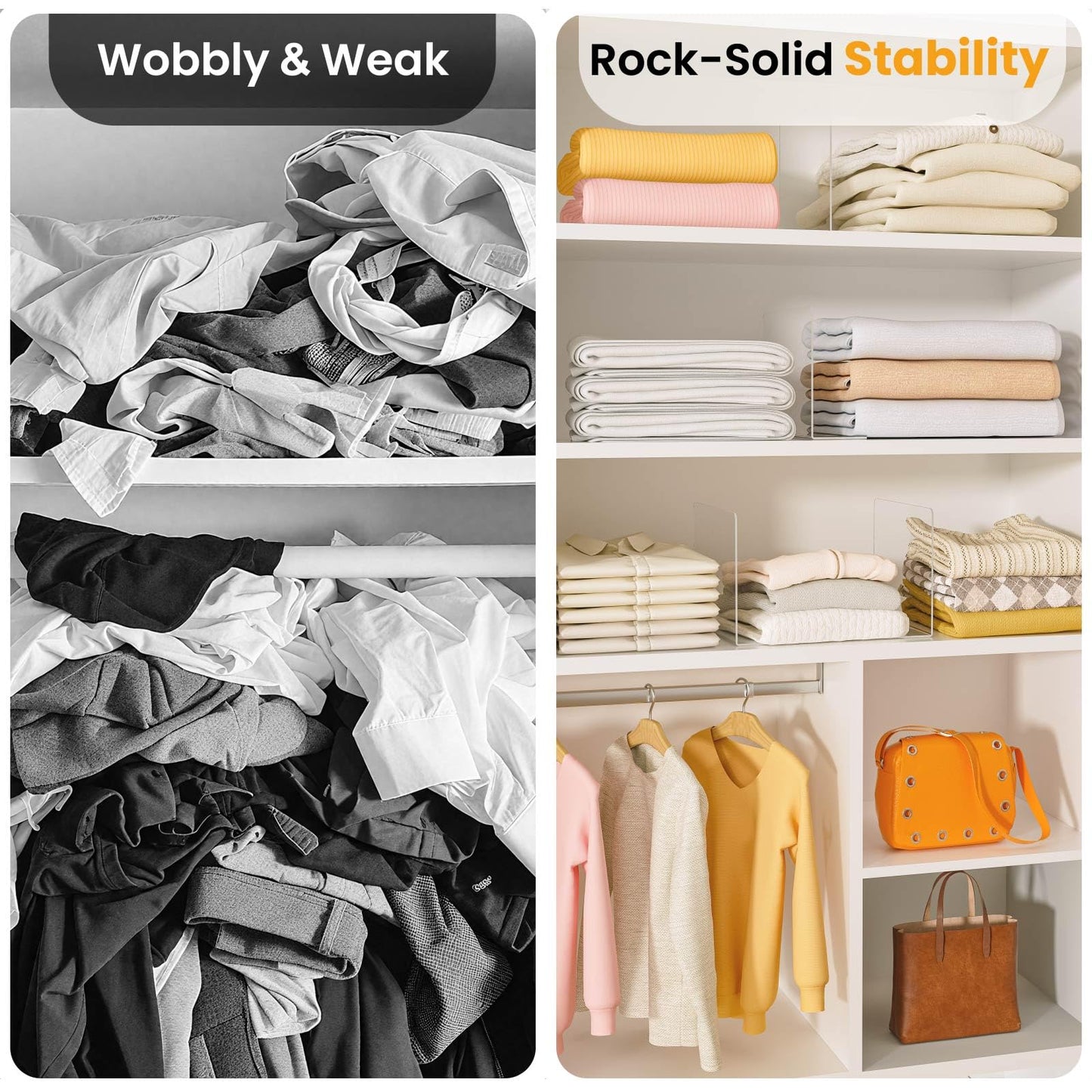 Hotbird Shelf Dividers for Closet Organization – Acrylic Clear Sturdy Dividers to Keep Clothes, Sweaters & Purses Upright, Free-Standing for Wood Shelves, 10" Tall x 12" Deep, 4 Pack