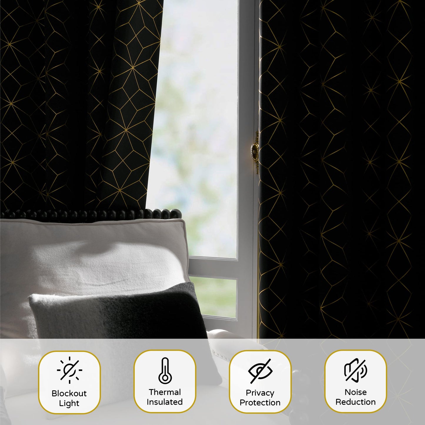Beauoop 100% Blackout Curtains 84 Inches Long for Bedroom Living Room Moroccan Gold Patterned Drapes Thermal Insulated Grommet Top Window Treatment Panels Set of 2, Black/Gold