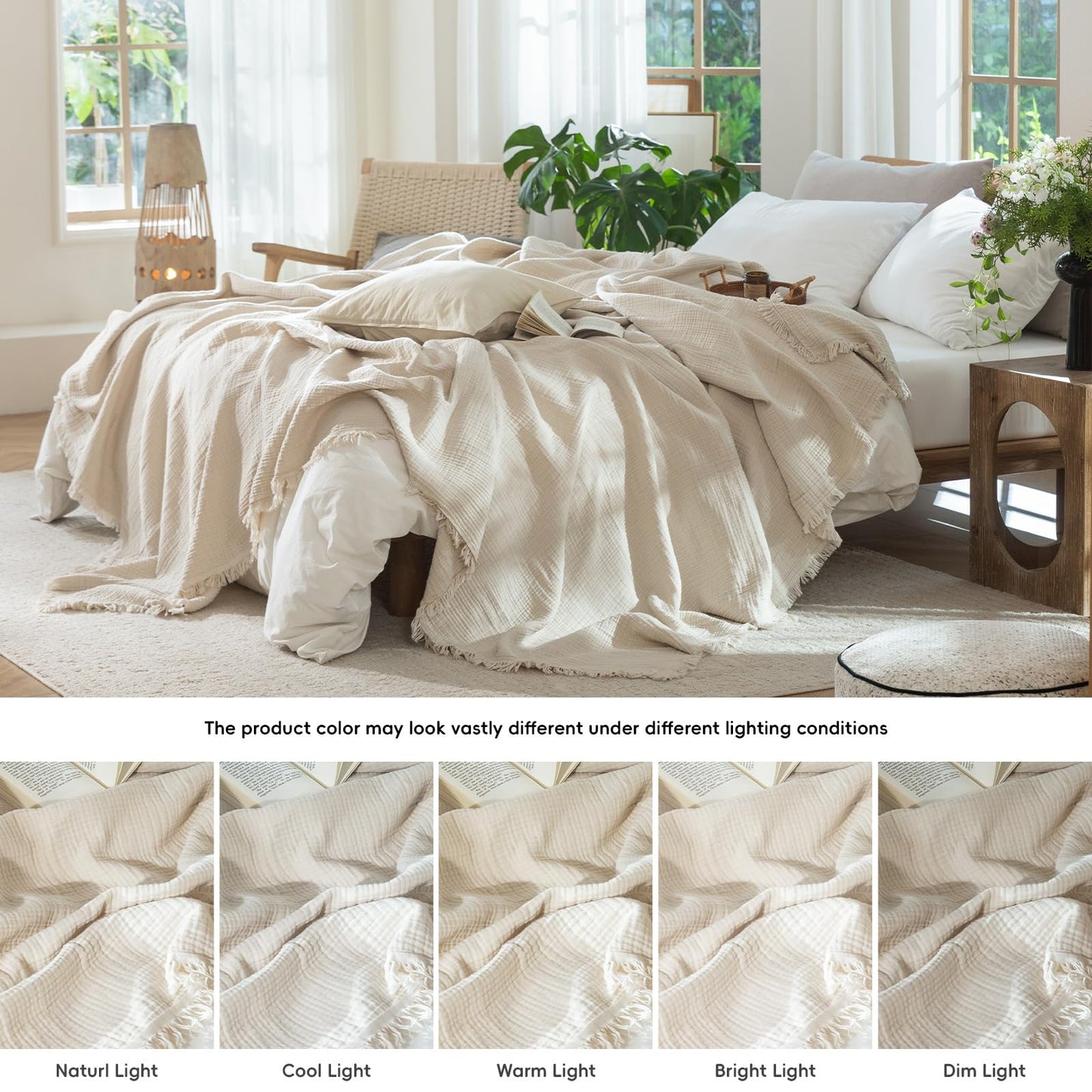 MooMee Muslin Blanket - 100% Cotton 4-Layer Gauze Throw Blanket with All-Around Fringe, Soft Breathable Lightweight Cooling Summer Blankets for Bed Couch (Beige,Queen 90" x 90")