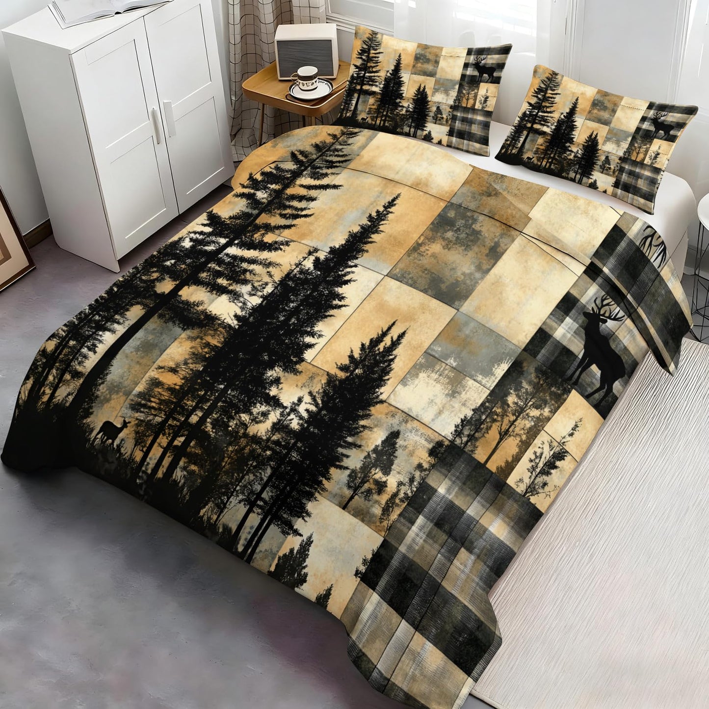 GKPLY Plaid Deer Forest Duvet Cover Queen - Rustic Wood Bedding Set & Bedroom Decor - Cabin Wildlife Comforter Set - Zipper & Ties, Reversible Print - Patchwork Bedding Duvet Cover & 2 Pillow Cases
