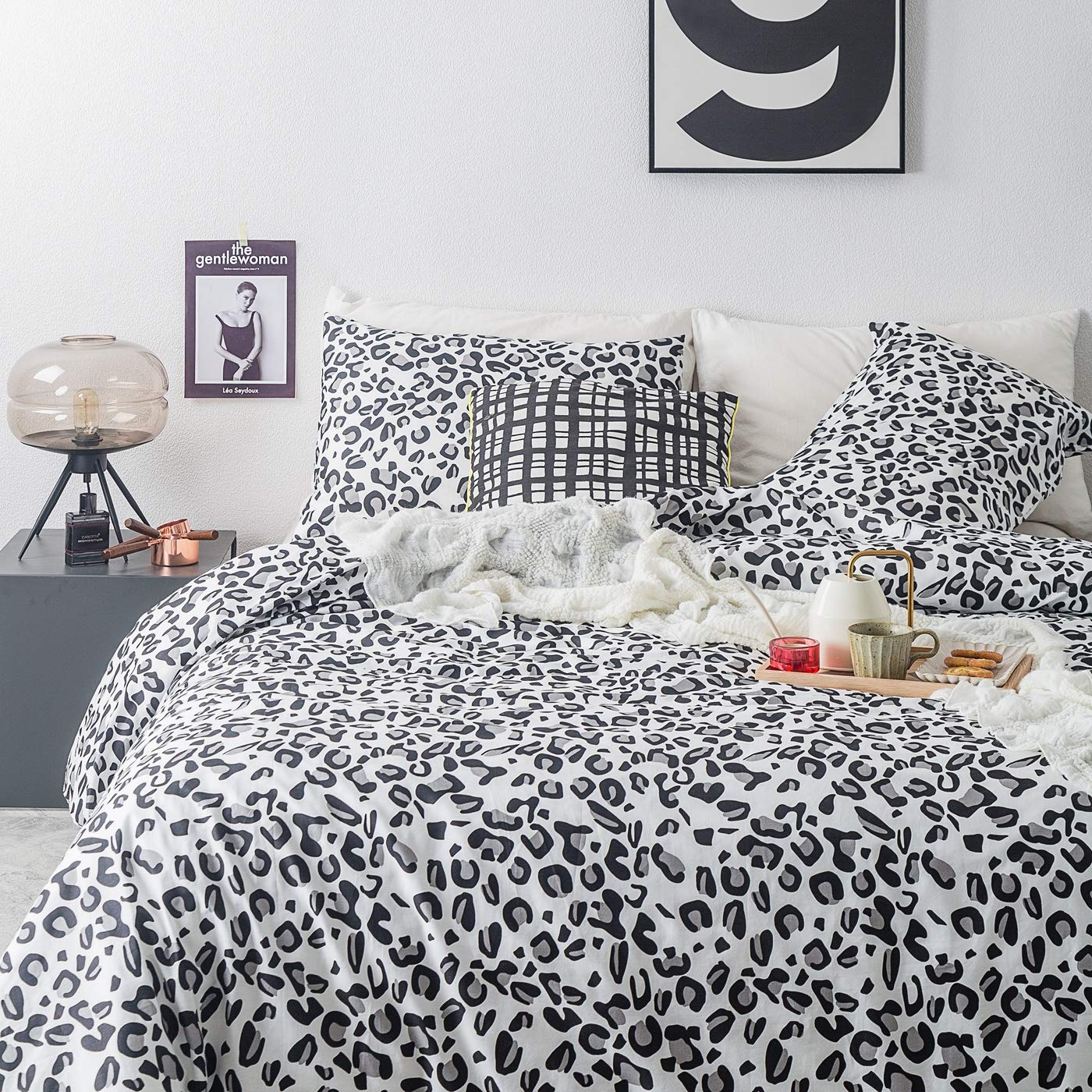 SUSYBAO Black White Cheetah Duvet Cover Queen 100% Cotton 3 Pcs Set 1 Grey Snow Leopard Duvet Cover with Zipper Ties 2 Pillowcases Luxury Soft Gray Animal Print Bedding Set Breathable