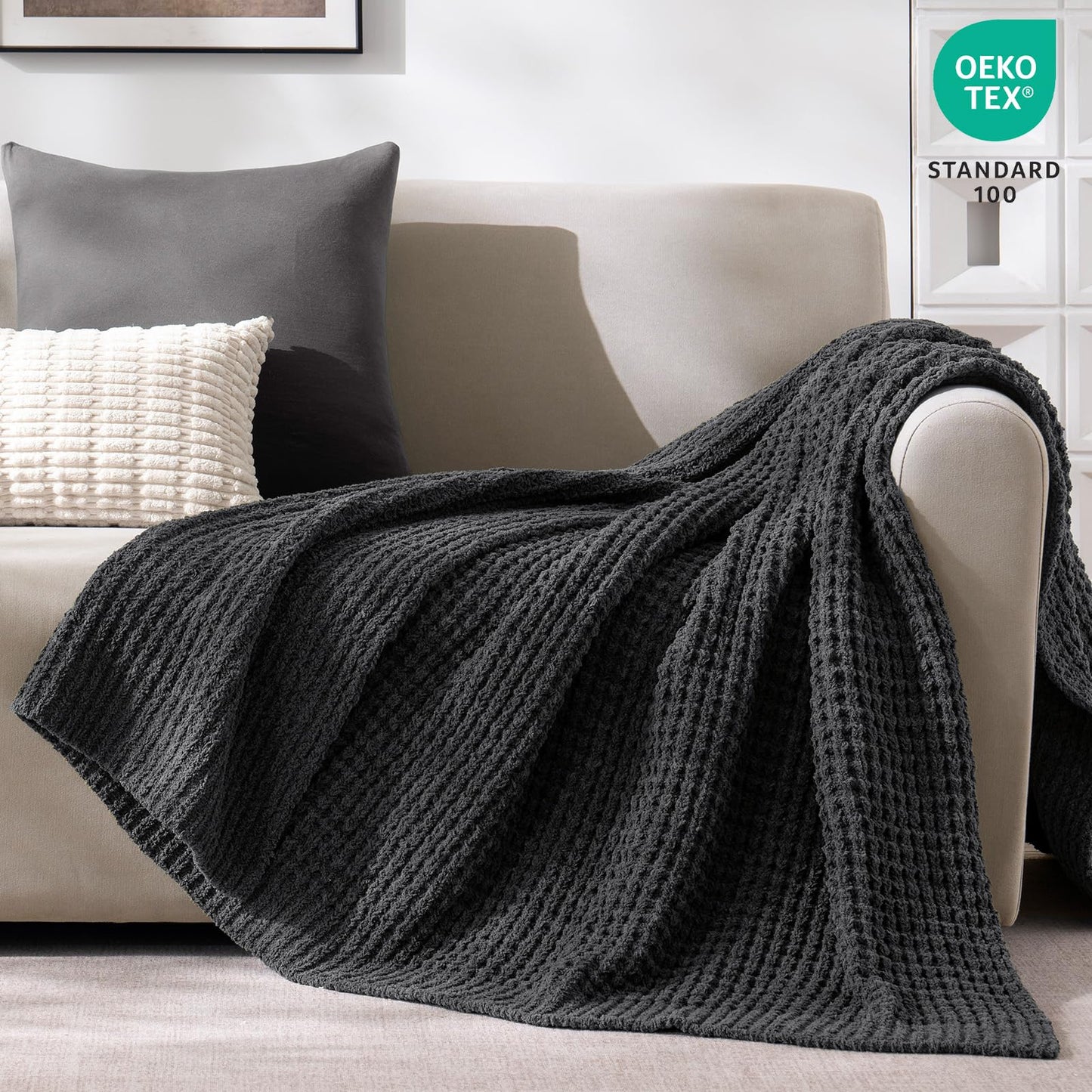 PHF Chenille Waffle Knit Throw Blanket- Plush Warm & Cozy 50" x 60" Ultra Soft Blanket- Chunky Fluffy Waffle Throws for Couch Bed Sofa - Charcoal Grey