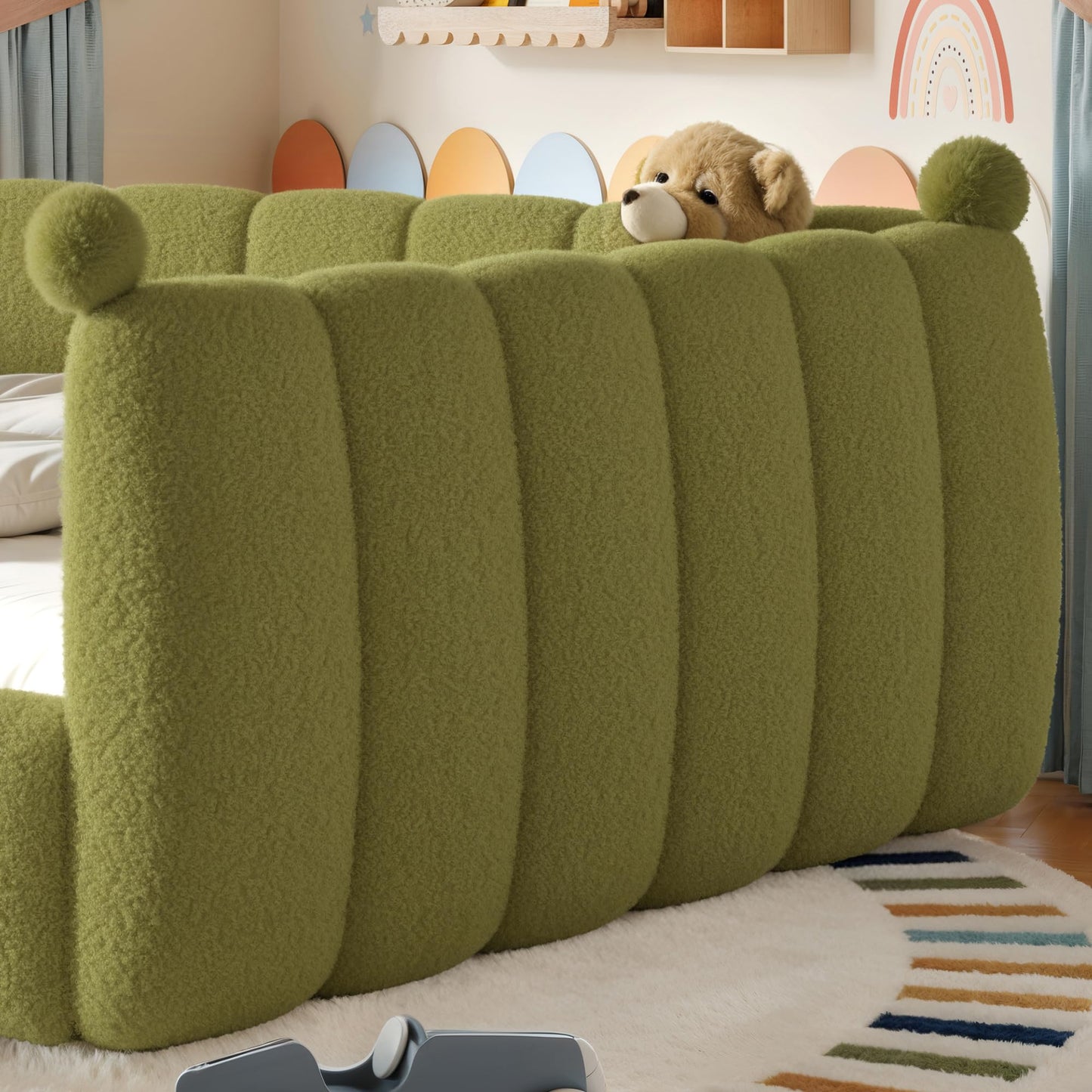 Bellemave Queen Size Teddy Fleece Upholstered Montessori Floor Bed with Fence,Low Profile Kids Bed Frame with Full Padded Safety Guardrails, No Box Spring Needed for Boys and Girls,Green