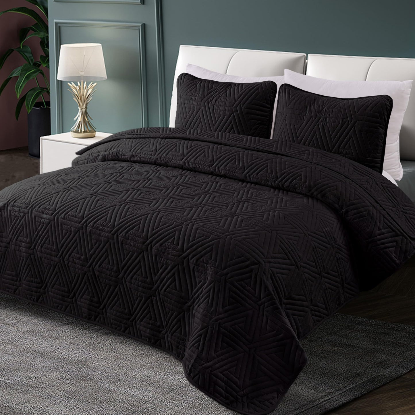 Whale Flotilla Soft Queen Size Quilt Set for All Seasons, 3-Piece Ultrasonic Geometric Quilts Bedding Set, Lightweight Reversible Bedspread, Coverlet, Bed Cover with 2 Pillow Shams, Black