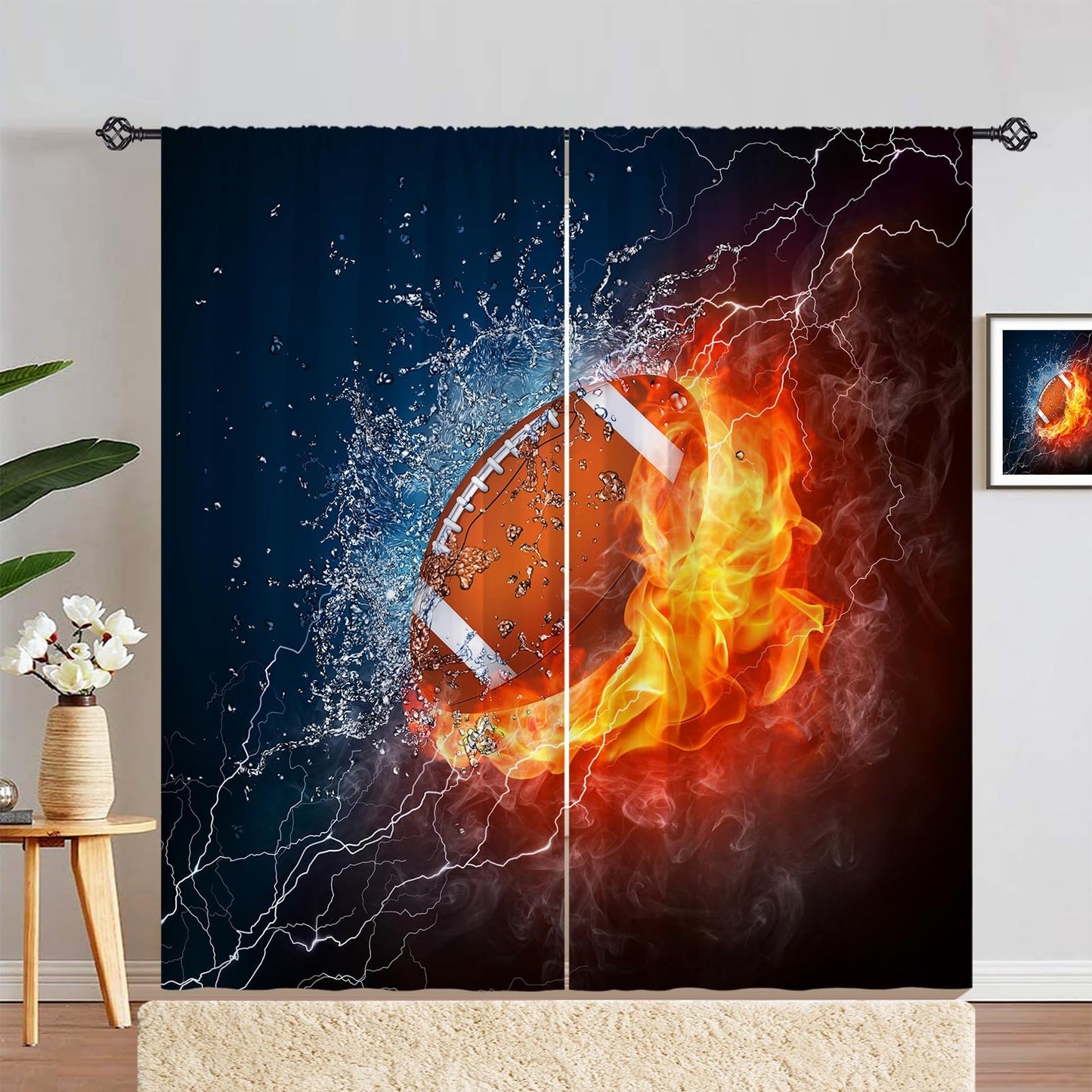 YUANZU Kids Football Curtains W42 x L63 Inch Rod Pocket Sports Water Fire Rugby Flame Thunder Lightning Print Pattern Privacy Fabric Window Drapes for Boys Bedroom Nursery Baby Playroom 2 Panels