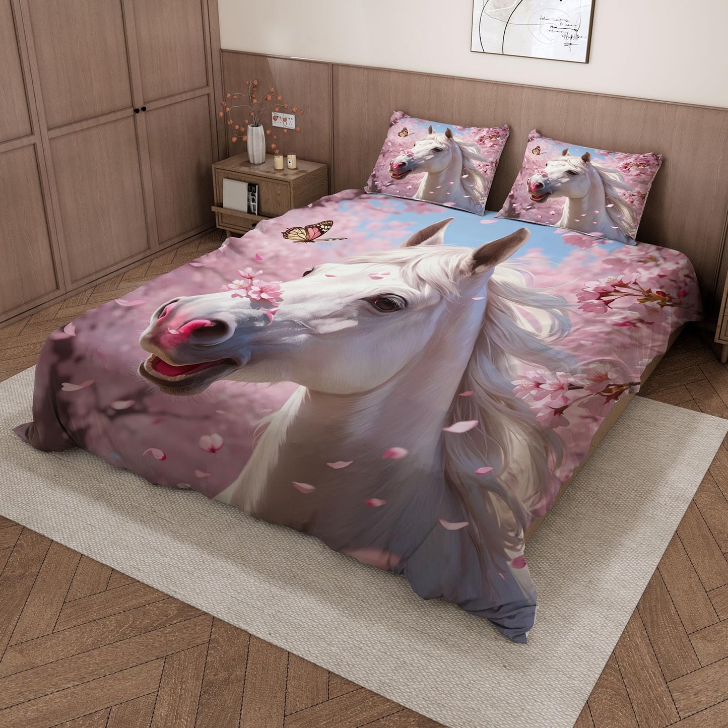 3D Horse Duvet Cover King Size 104x90in Soft Breathable Microfiber Cherry Blossoms Bedding Set Zipper Closure Reversible Comforter Cover 3 Pieces with 2 Pillow Shams (WJT 23-4)
