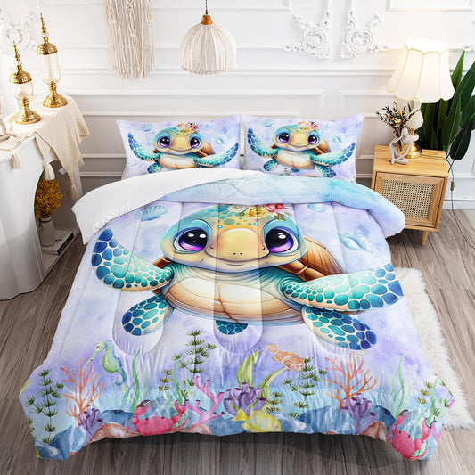 XYNHML Turtle Bedding Set 3pcs Full Ocean Life Shell Comforter Set Kid Fish Crab Bedding Set for Boy Girl Watercolor Tortoise Seaweed Theme Pattern Quilt Bed Set with 1 Comforter and 2 Pillowcases