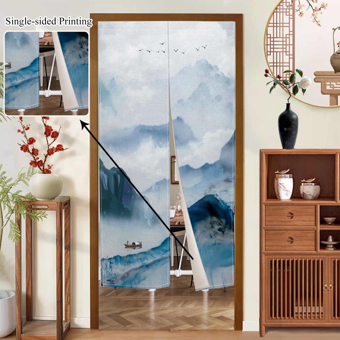 Leowefowa Japanese Noren Doorway Curtain Long Style Chinese Traditional Ink Mount Print Window Treatment Entrance Fengshui Door Tapestry for Hanging Room Divider Kitchen Home Decor, 33.5"x 70.9"