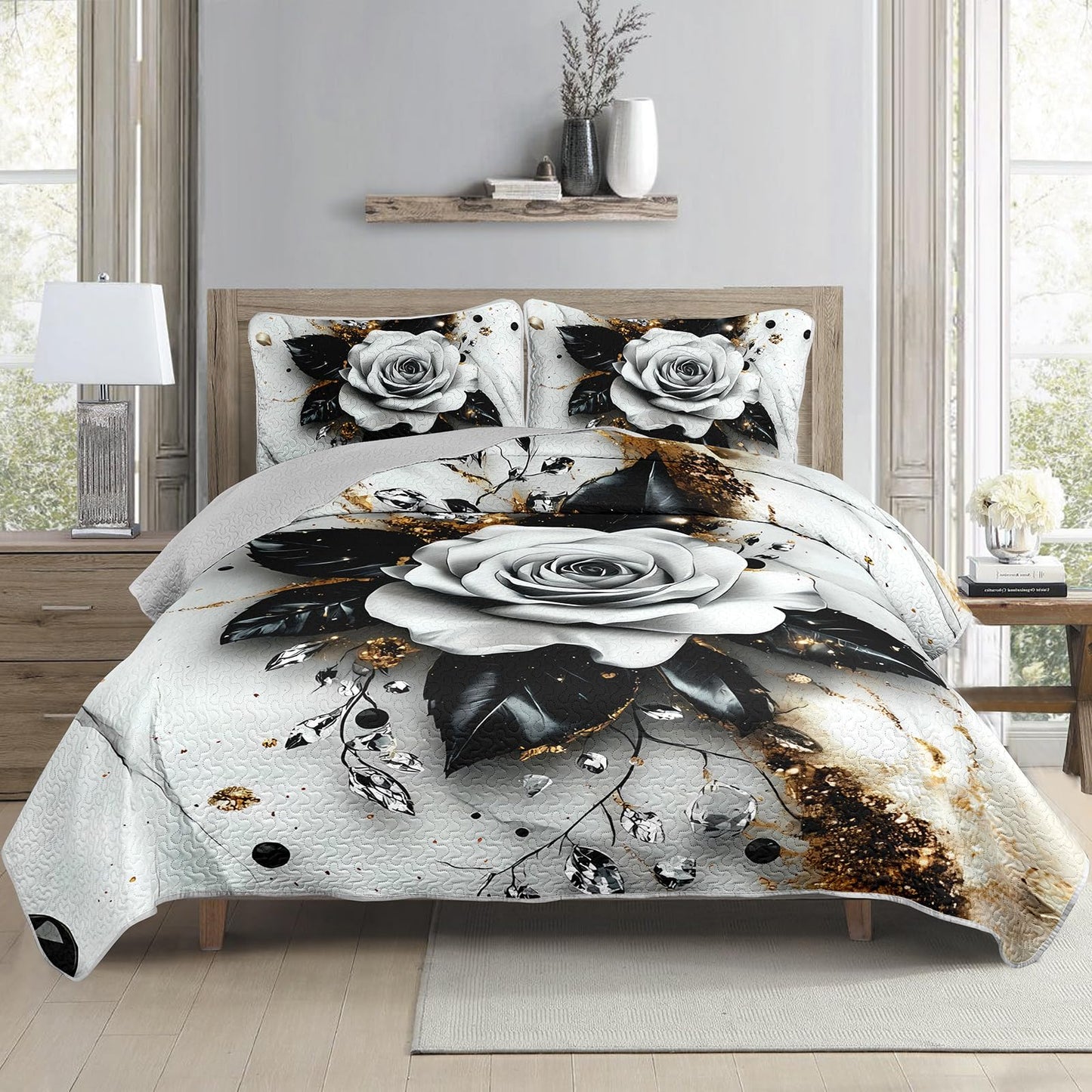 QOOMO Cartoon Flowers Kids Quilt Set,Plant Print Bedding Set Twin Size,Black White Room Decoration Soft and Lightweight for All Seasons,1 Quilt Set 2 Pillowcases
