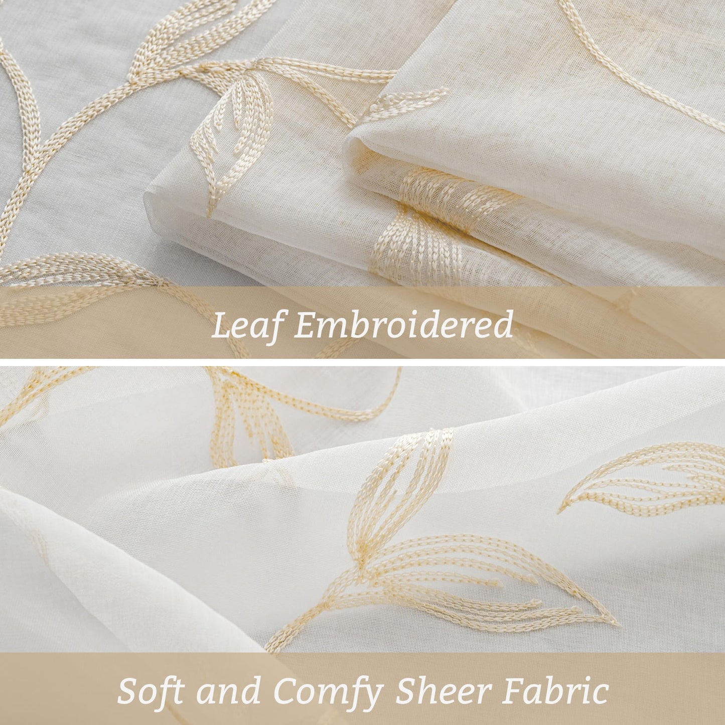 VISIONTEX 2 Panels Sheer Curtains 84 Inches Long, Cream Beige Floral Leaf Embroidered Semi Sheer Voile Curtains, Rod Pocket Light Filtering Window Drapes for Bedroom Living Room 54W x 84L