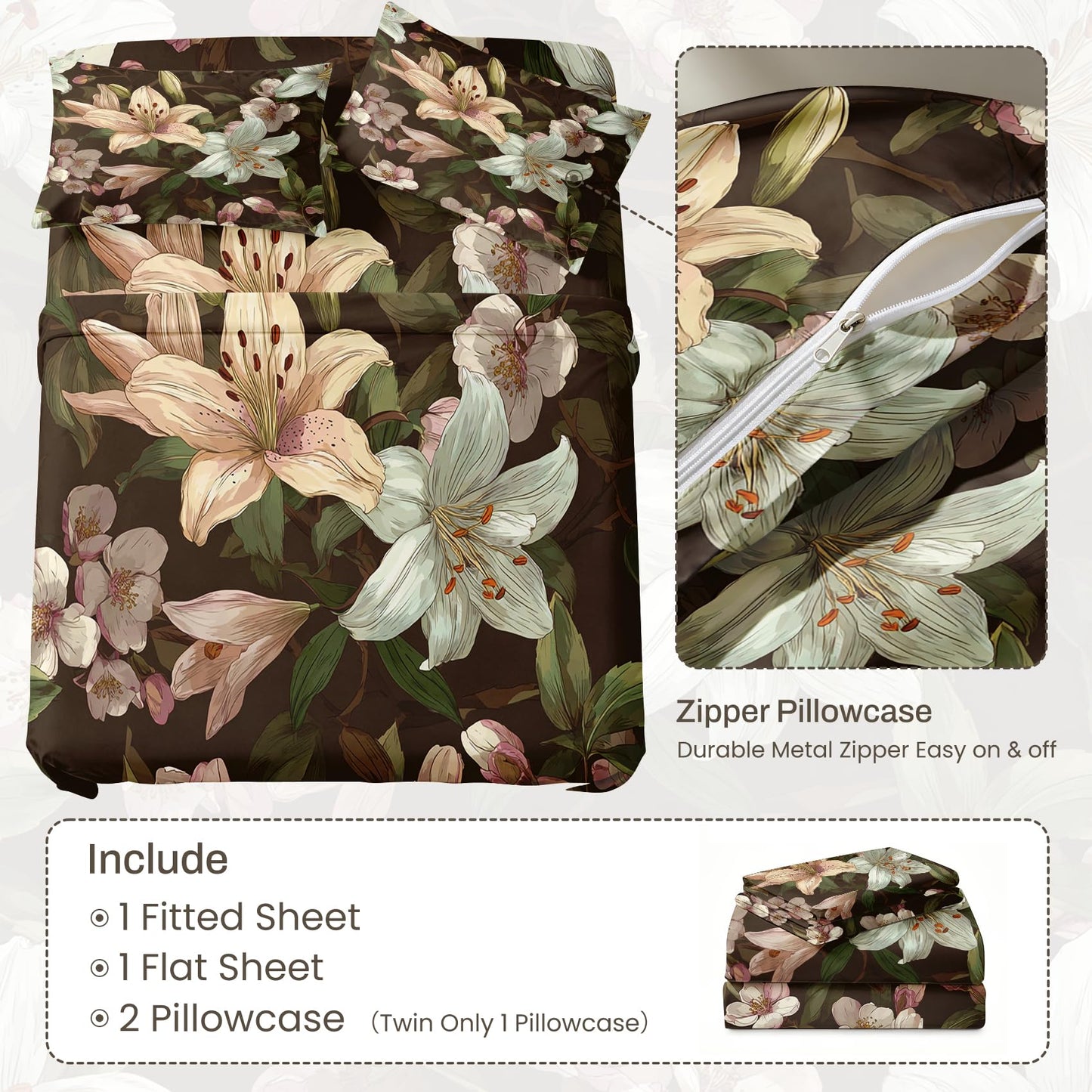 Lily Floral Sheet Set, 4 Pcs King Size Botanical Bed Sheets