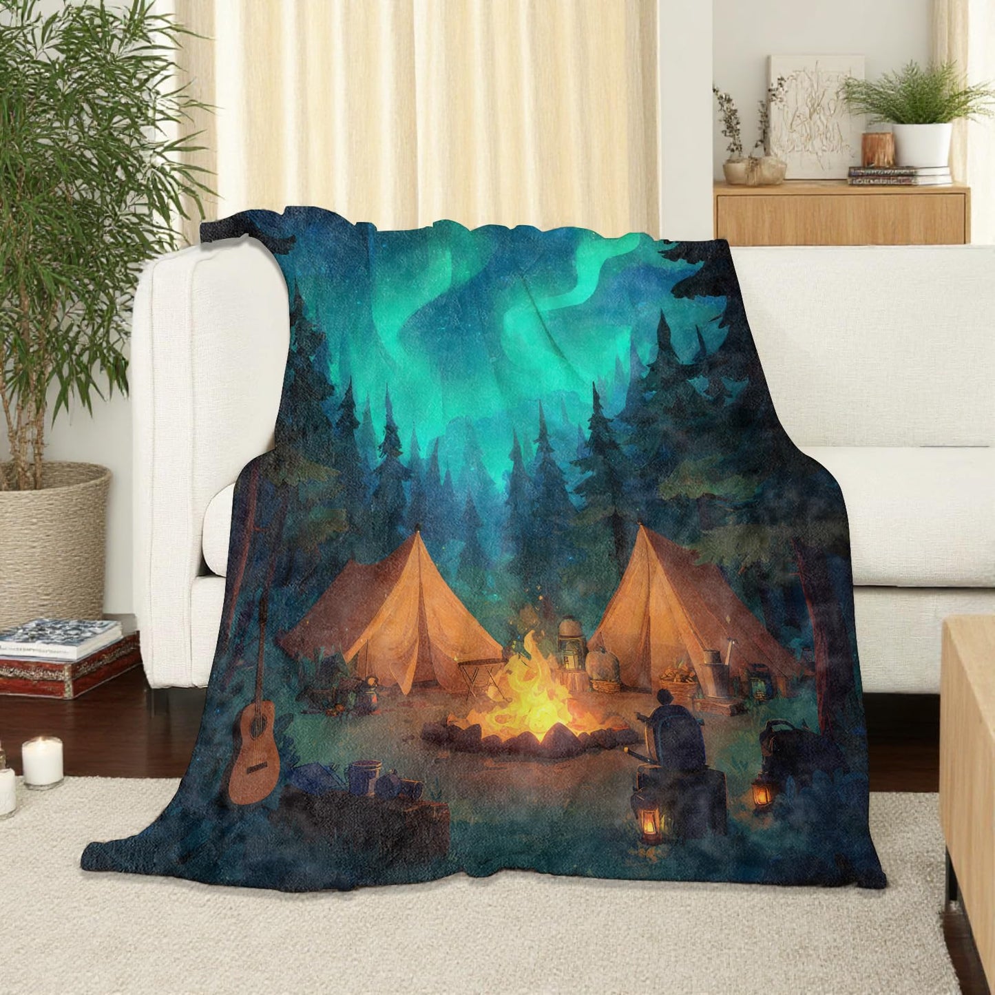 SOMEKLLY Camping Throw Blanket Soft Cozy Lightweight Flannel Blankets with Night Forest Campfire and Northern Light Art Printed for Outdoor Lovers Bedroom Dorm Office Home Decor Gifts 50x60 Inch