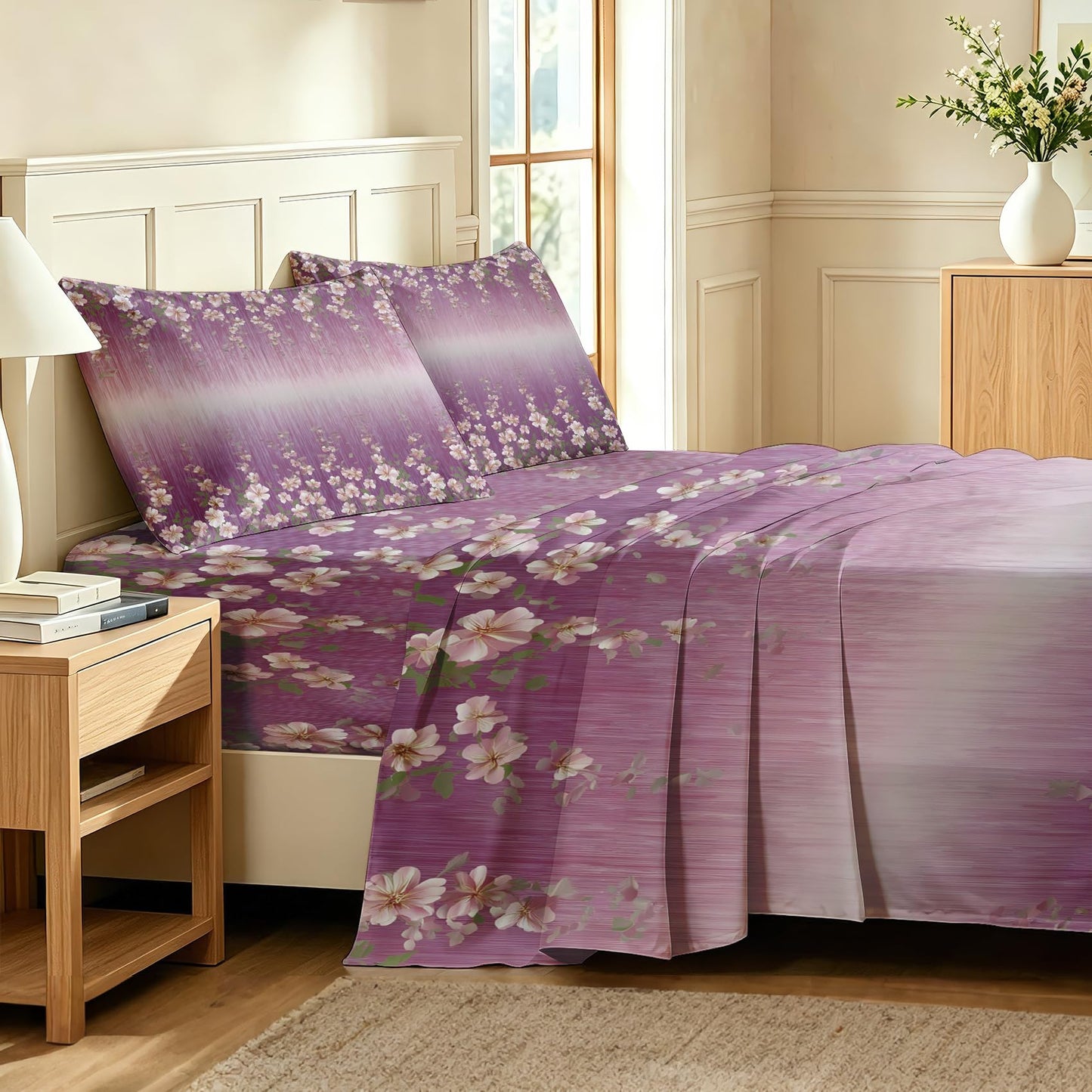 Girls Flower Full Sheet Set 4 Pcs Purple Gradient Bed Sheets