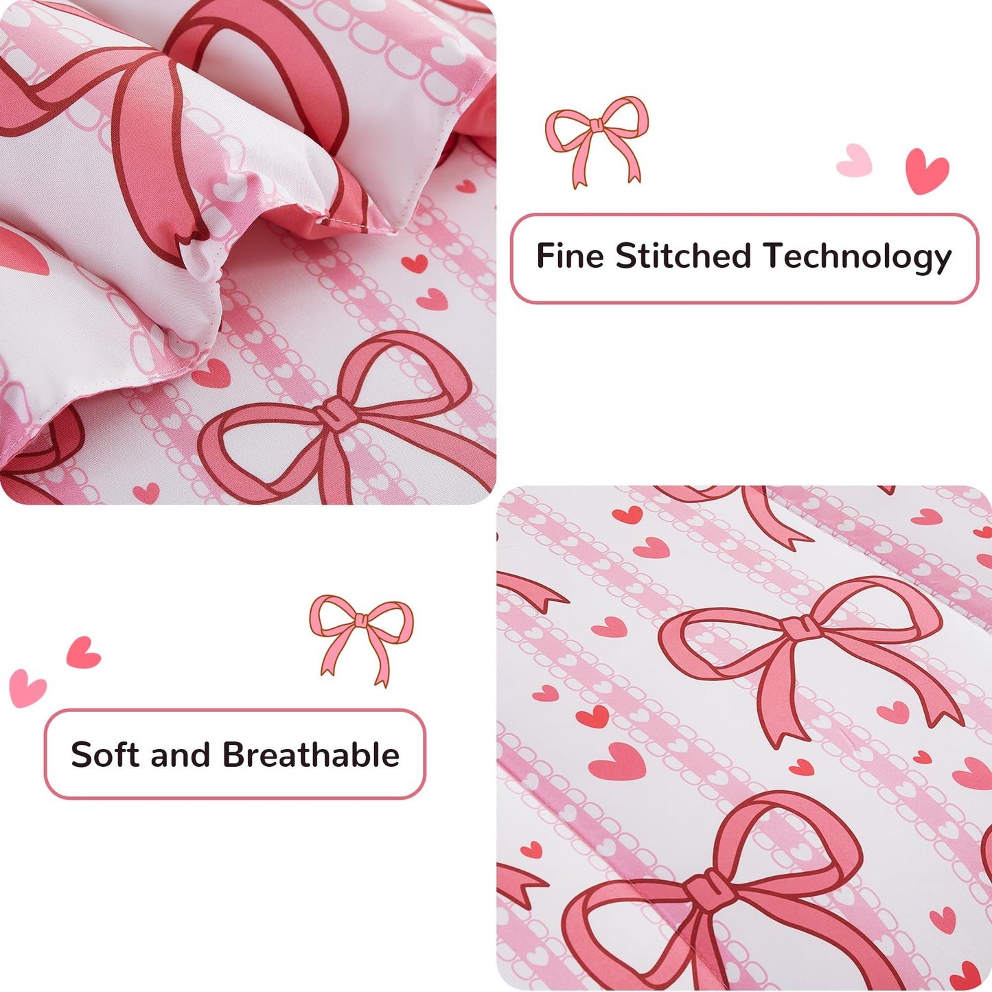 Viviland Kids Full Bedding Sets for Girls, Soft Full Comforter Set with Sheets, 7 Pieces Microfiber Bed in a Bag, Pink Bow