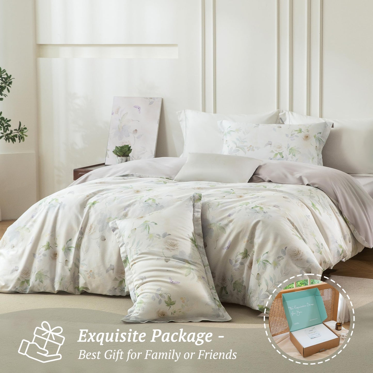 MILDLY Queen Duvet Cover Set - 100% Long-Staple Cotton Beige Floral Patten Reversible Comforter Cover - 3Pcs Soft Breathable Luxury Bedding for All Season