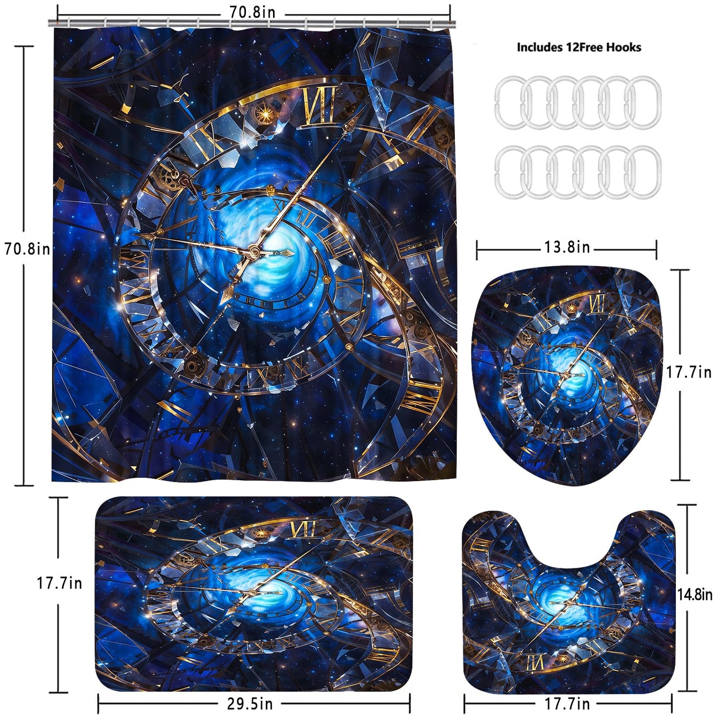 Chrainy 4Pcs Twisted Clock Shower Curtain Set with Rugs Blue Starry Sky Bathroom Decor Set Cosmic Bathroom Set with Shower Curtain and Rugs and Accessories 12 Hooks