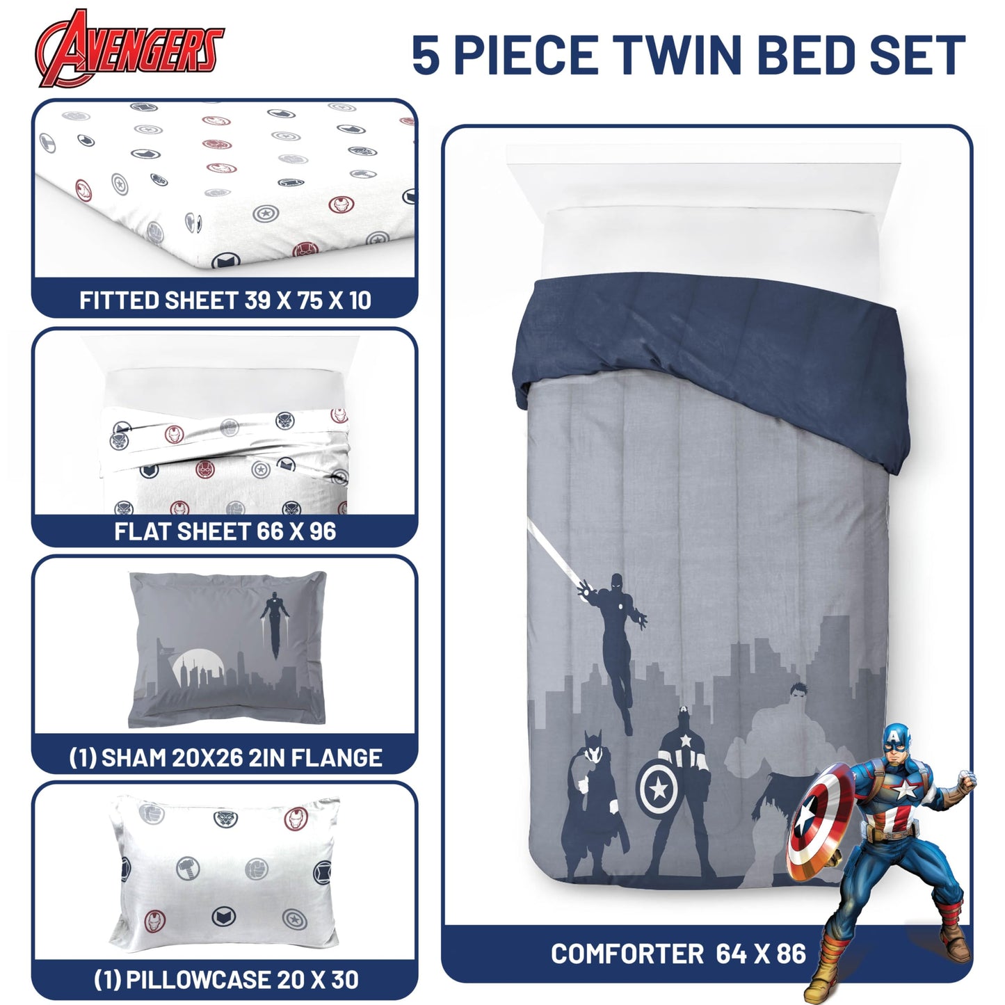Jay Franco Marvel Avengers Twin Size Comforter Set - 5 Piece Bedding Includes Sheet Set & Pillow Covers - Super Soft Cozy Bedding with Captain America, Hulk, Iron Man and Thor