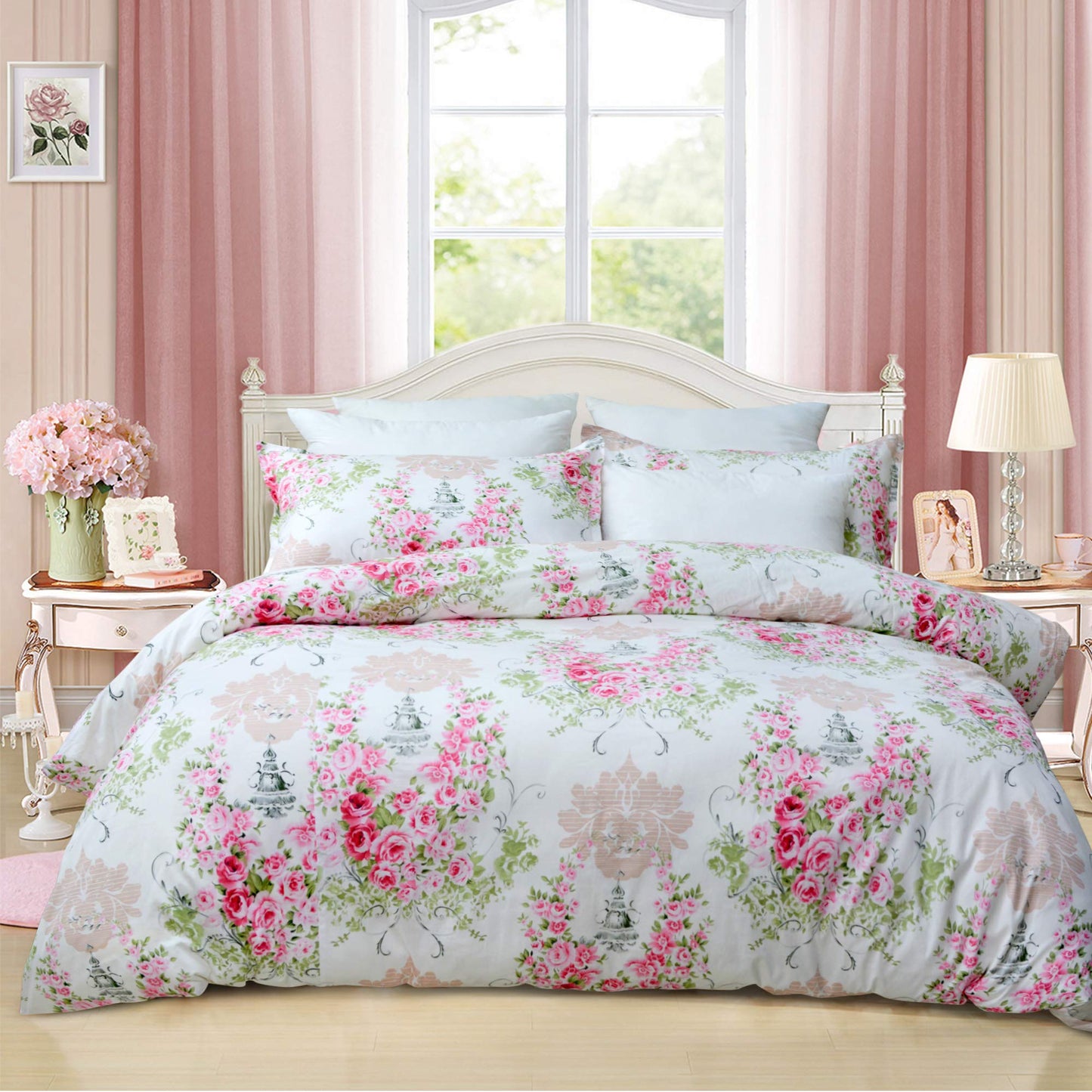 FADFAY Pink Rose Floral Duvet Cover Set 100% Cotton Girls Bedding with Hidden Zipper Closure 3 Pieces, 1duvet Cover & 2pillowcases,King/California King Size