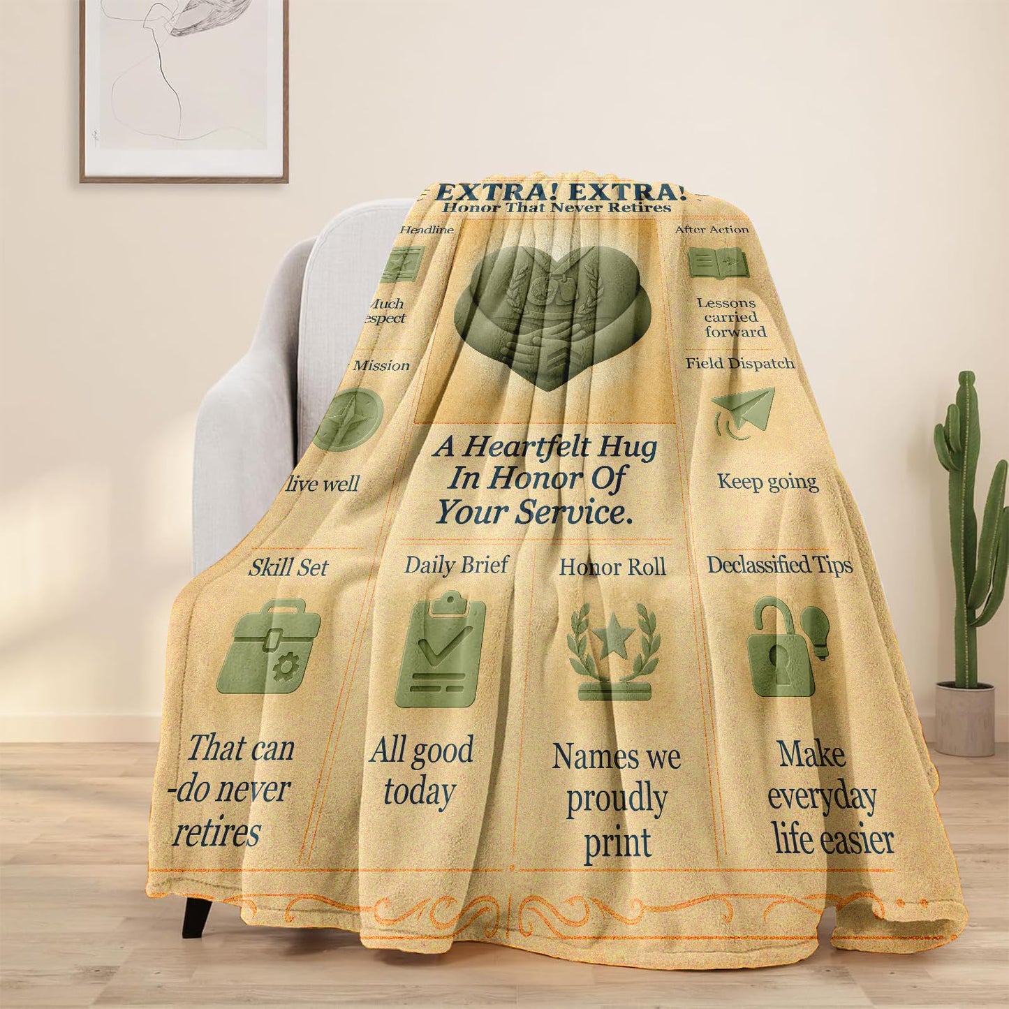 Veteran Appreciation Flannel Throw Blanket 60x50, Vintage Newspaper-Style Service Appreciation Throw, Soft Cozy Patriotic Couch or Bed for Men, Veterans Day, Retirement & Homecoming