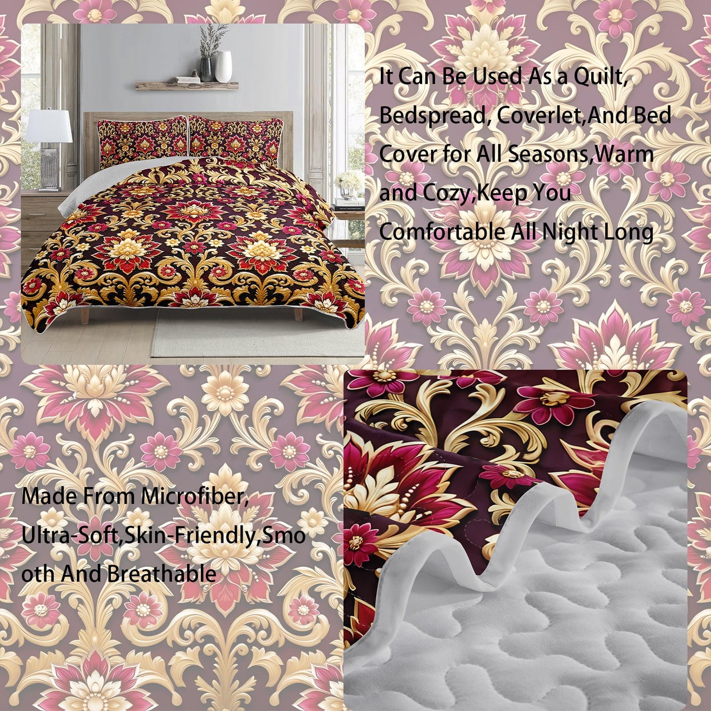 AILONEN Luxury Gold Floral Quilt Set - Elegant Flower King Bedspread Coverlet with 2 Pillowcases Room Decor for Adults & Bedroom