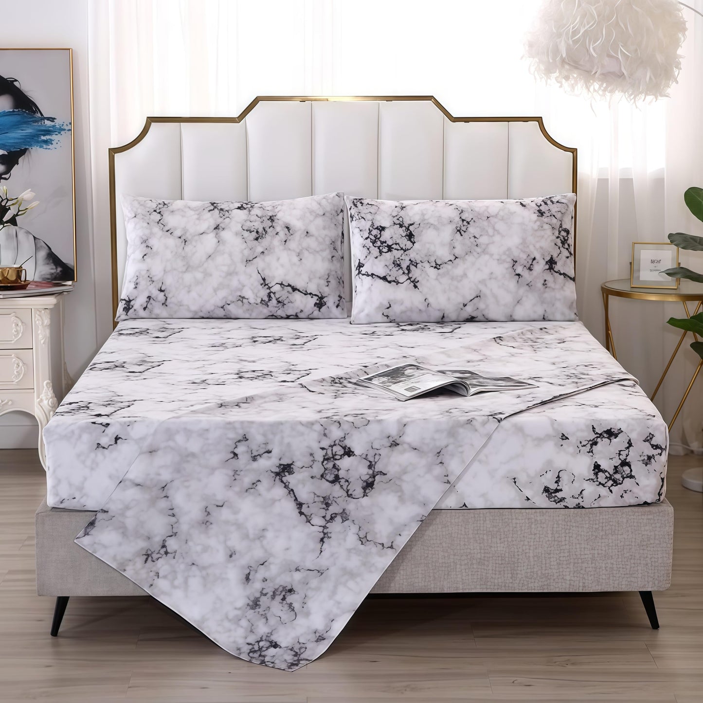 MAG Marble Bed Sheet, 4PC Black White and Gray, Full Size Modern Pattern Printed Bedding Sheet Set with 1 Top Flat & 1 Fitted Sheet with 2 Pillowcases, 14” Deep
