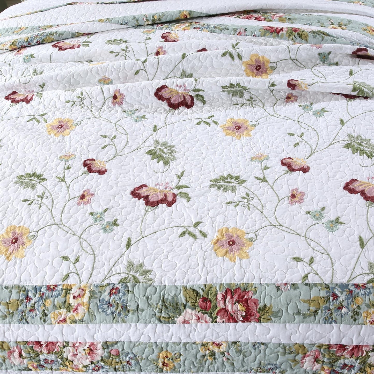 ROOMLIFE Quilt Set Queen Size 3D Floral Embroidery Pattern 3-Piece Cotton Reversible Quilted Embroidered Decorative Bedspreads Coverlet Bedding Set, Lightweight &Soft, All Season(104" X 90.5") Green