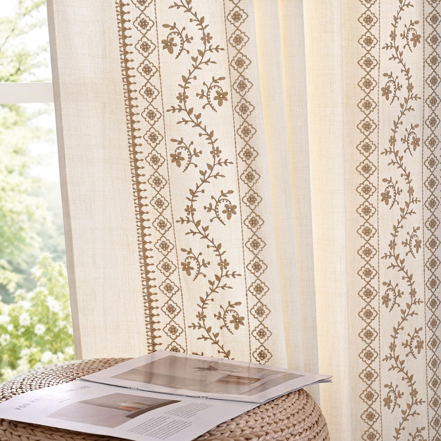Yinhua Boho Curtains for Living Room 84 Inch Long Brown Embroidered Floral Bedroom Curtains, Farmhouse Light Filtering Window Curtain Rod Pocket & Back Tab Drapes, 52" W x 84" L, 2 Panels