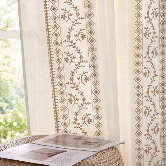 Yinhua Boho Curtains for Living Room 84 Inch Long Brown Embroidered Floral Bedroom Curtains, Farmhouse Light Filtering Window Curtain Rod Pocket & Back Tab Drapes, 52" W x 84" L, 2 Panels