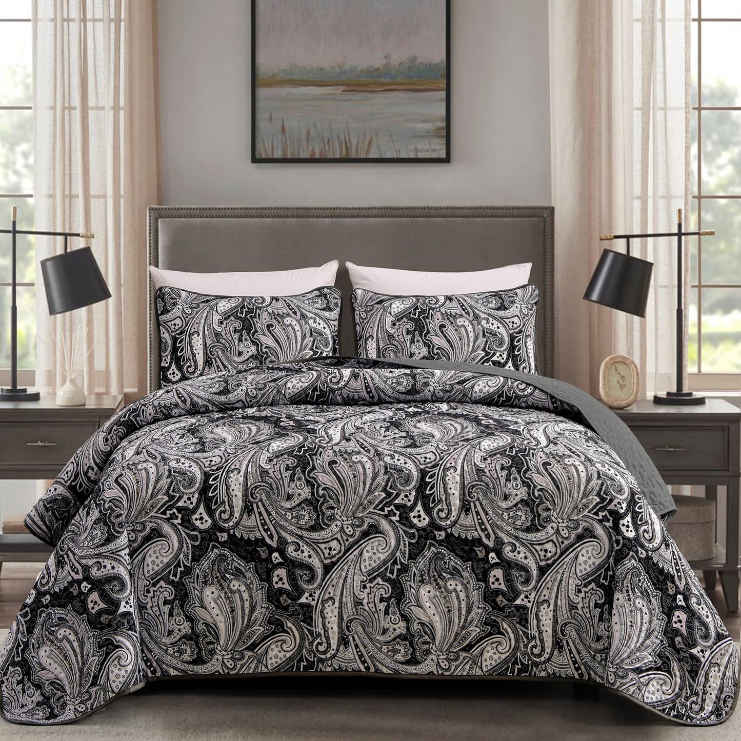 DJY Black Paisley Quilt Set Full Size Boho Bedspread Coverlet Set 3 Pieces, Soft Lightweight Black and Gray Paisley Floral Pattern Bedding for All Season, 90''x80''