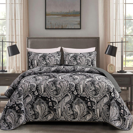 DJY Black Paisley Quilt Set Full Size Boho Bedspread Coverlet Set 3 Pieces, Soft Lightweight Black and Gray Paisley Floral Pattern Bedding for All Season, 90''x80''