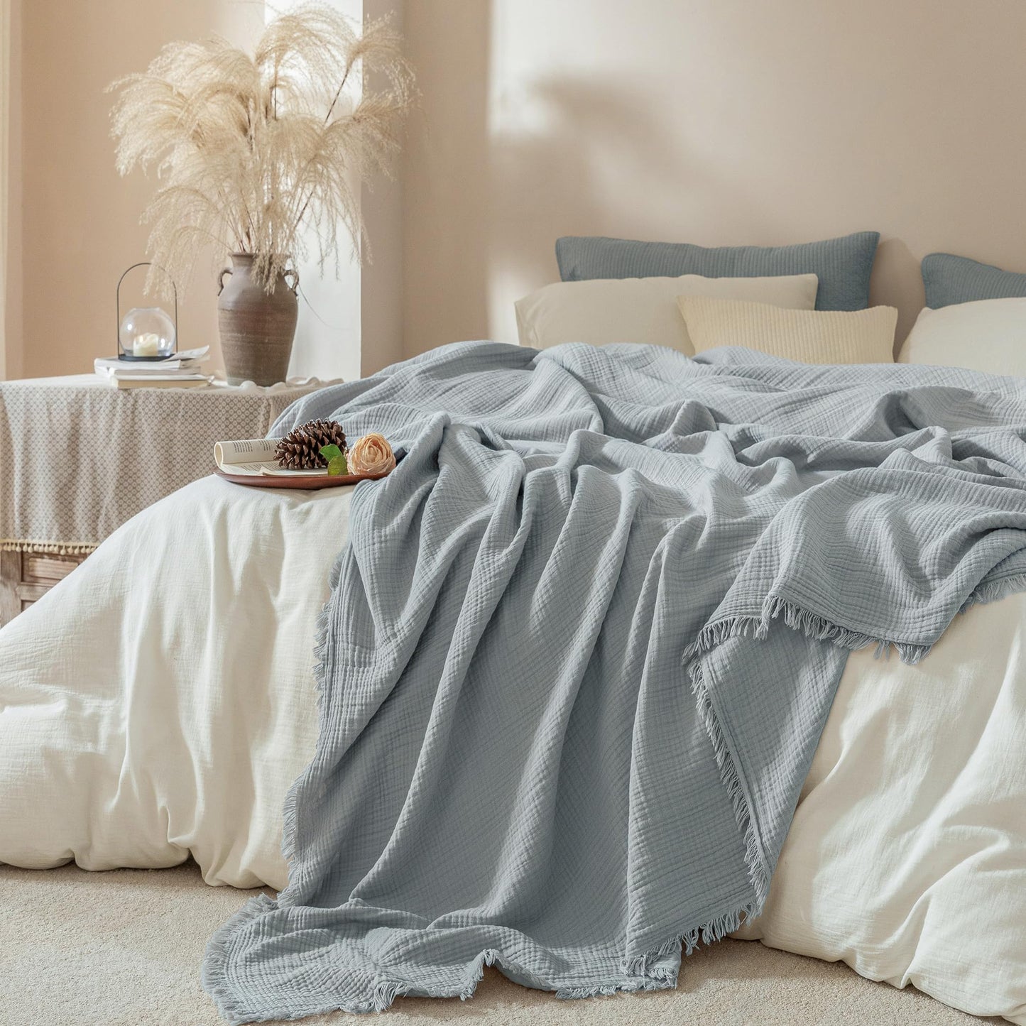Muslin Fringe Blanket for Adults 100% Cotton 4-Layer Gauze Cloud Soft Breathable Lightweight All Season Throw Blanket for Bed Couch Sofa Office (Dusty Blue, Twin XL 66" × 90")
