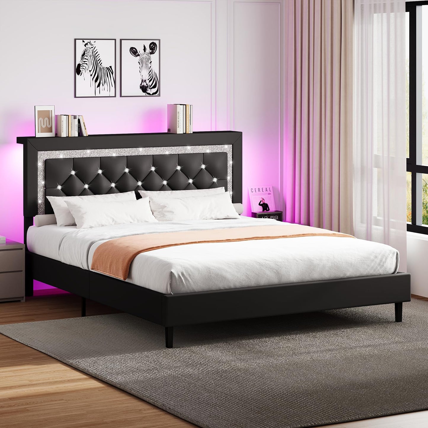 BarnFurin Full Size Bed Frame with Storage Headboard, Full Size Bed Frame with Headboard Diamond Tufted and LED Lights, Wooden Slats Support, Noise Free, No Box Spring Needed, Easy Assembly, Black