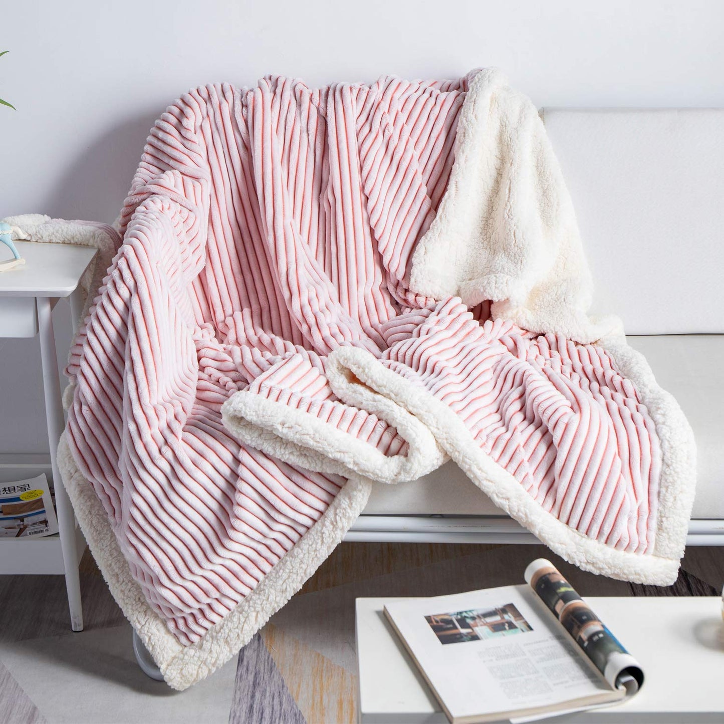 DISSA Sherpa Fleece Blanket 71x80, Pink & White Soft, Plush, Fluffy, Warm, Cozy, Thick Perfect for Couch, Bed, Sofa, Chair - Reversible Queen Size Blanket
