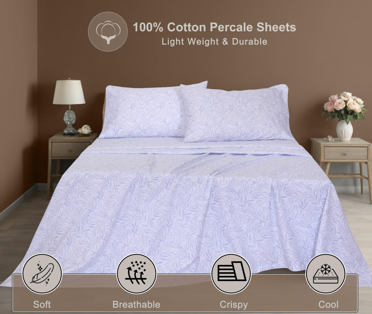 ZOYER 100% Cotton Sheets – Full Size Percale Bedding, Cooling & Breathable, Durable with a Crisp, Soft & Comfortable Feel, 16" Deep Pocket, 4-Piece Set, Blue Autumn